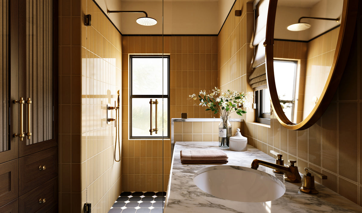 Emerson Two Handle Deck Mount Low Hexagon Lavatory Faucet with Classic Lever Handles in Uncoated Polished Brass
