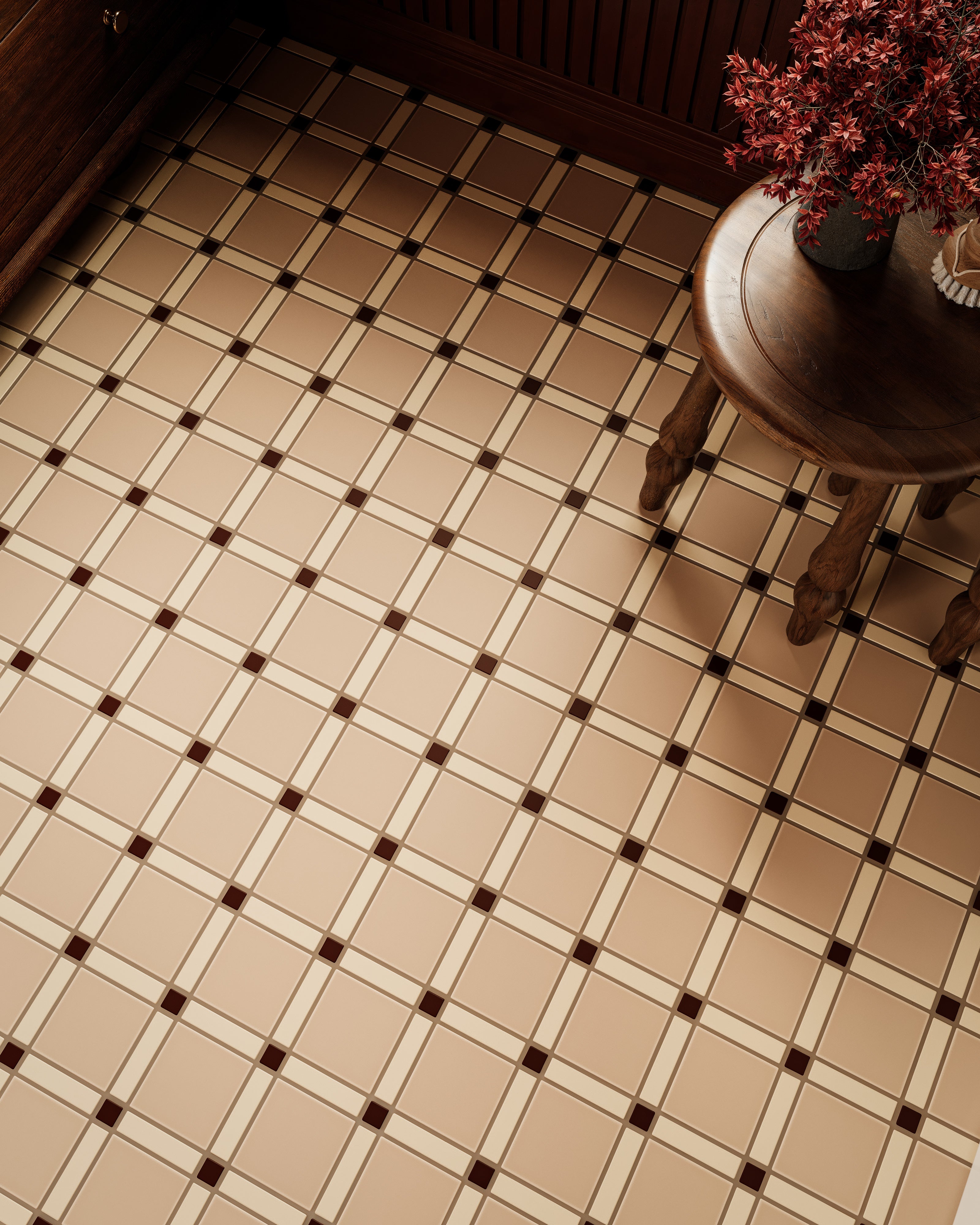 Lattice Sheeted Original Ceramic Tile in Garnet Matte, Ivory Matte & Sweet Pea Matte