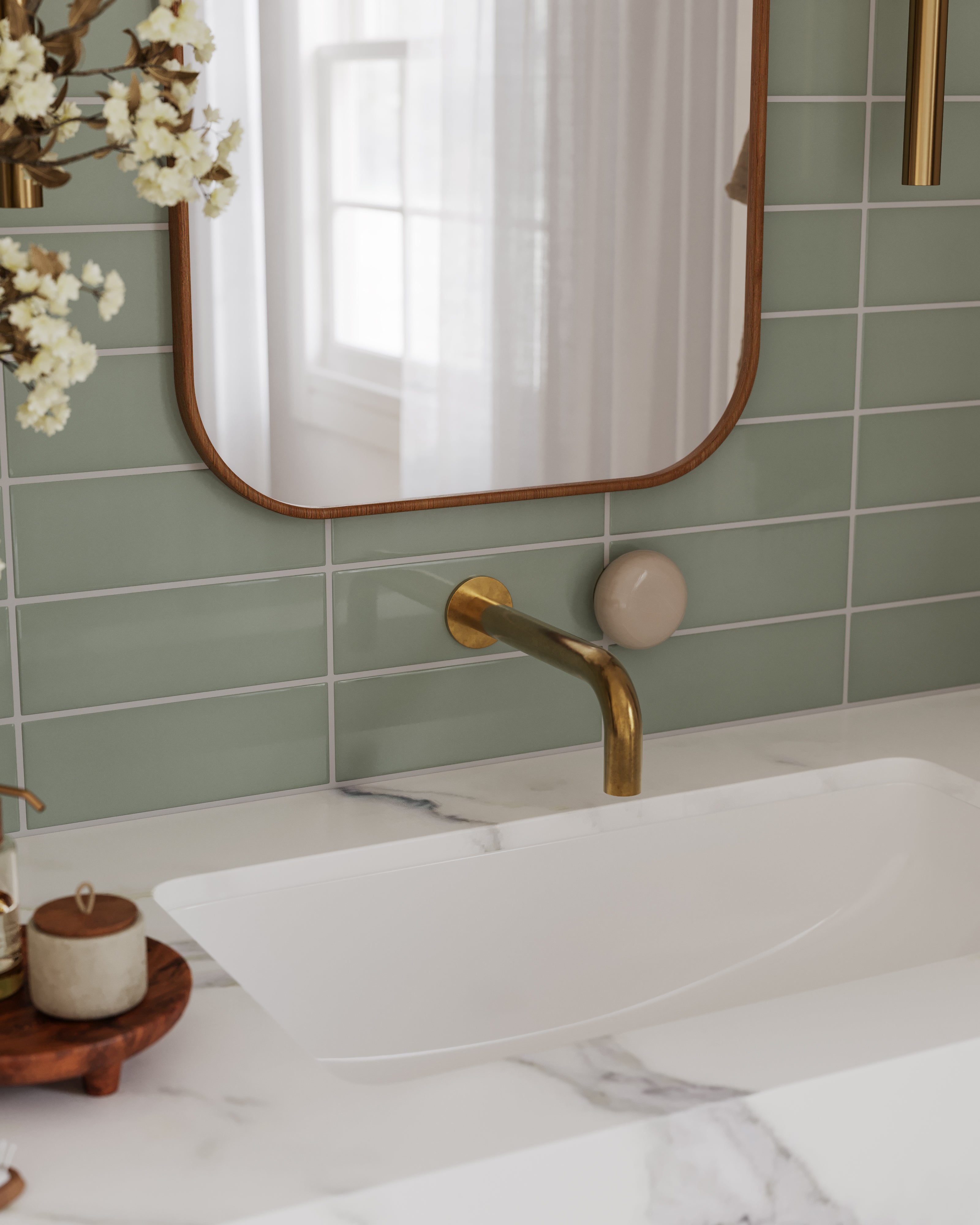 Foundry Two Handle Wall Mount 7.5" Lavatory Faucet with Pebble Ceramic Knob Handles in Polished Brass