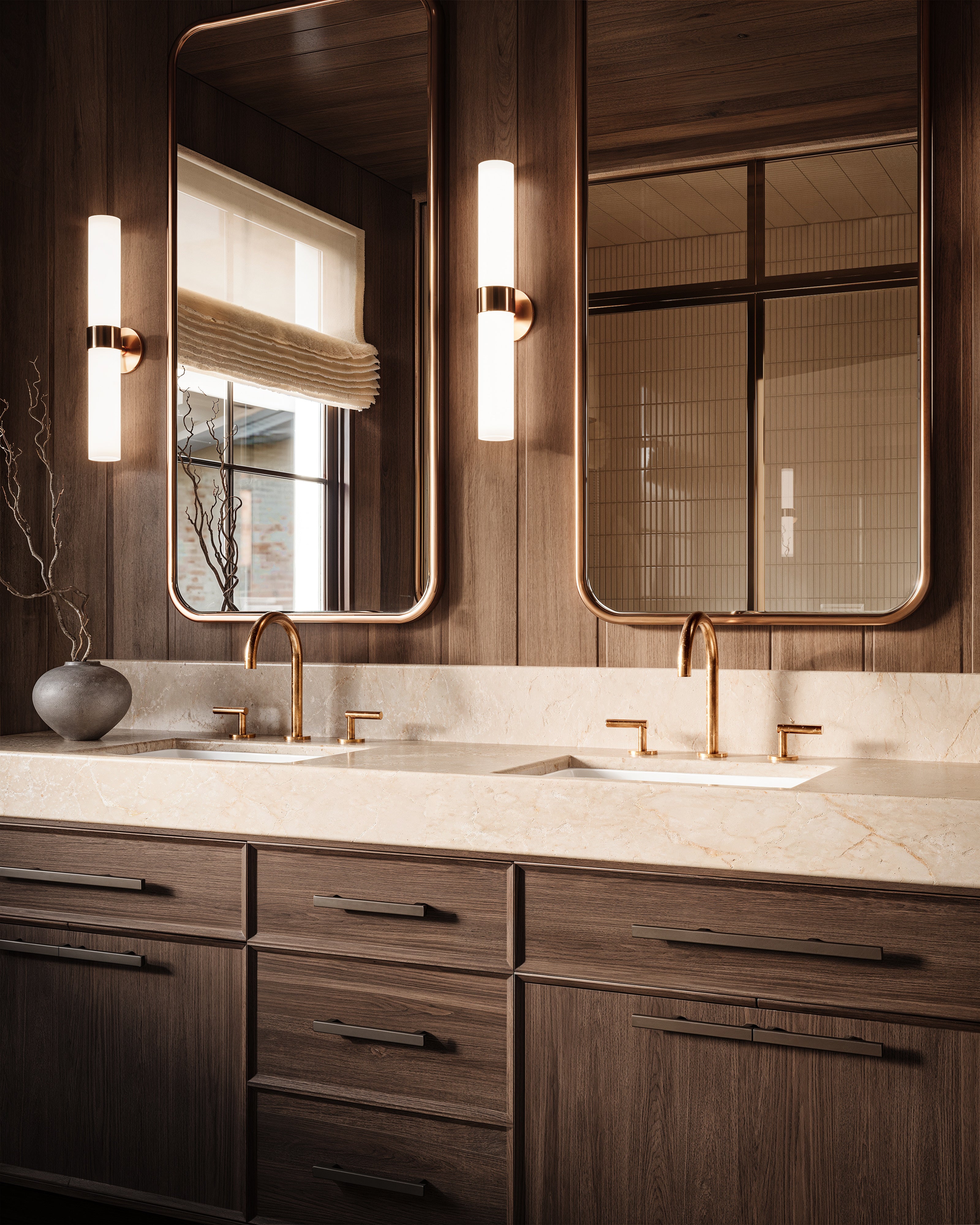 Contour Two Handle Deck Mount Gooseneck Lavatory Faucet with Soft Lever Handles in Uncoated Polished Brass
