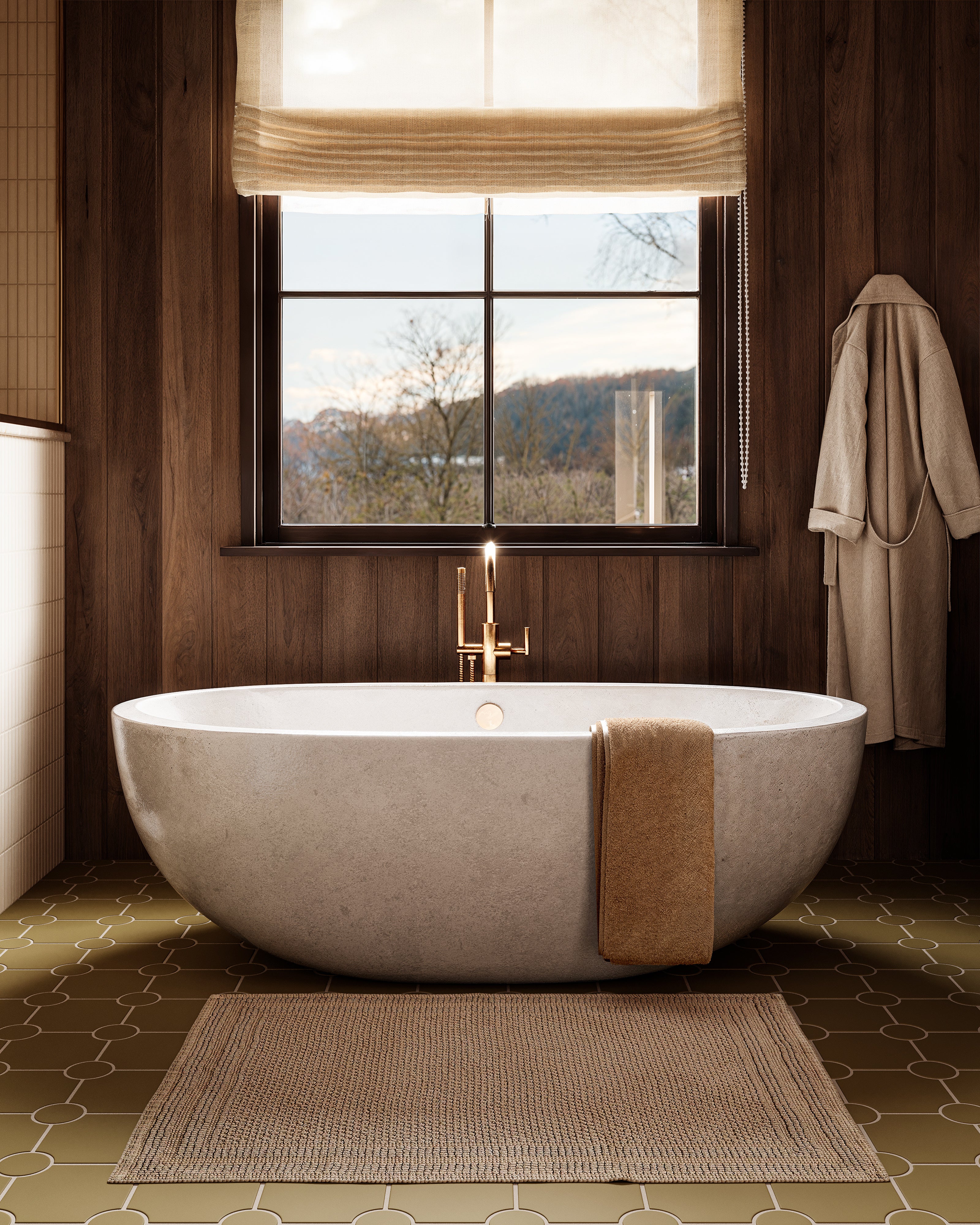 Contour One Handle Floor Mount Gooseneck Bath Trim with Hand Shower and Soft Lever Handle in Uncoated Polished Brass