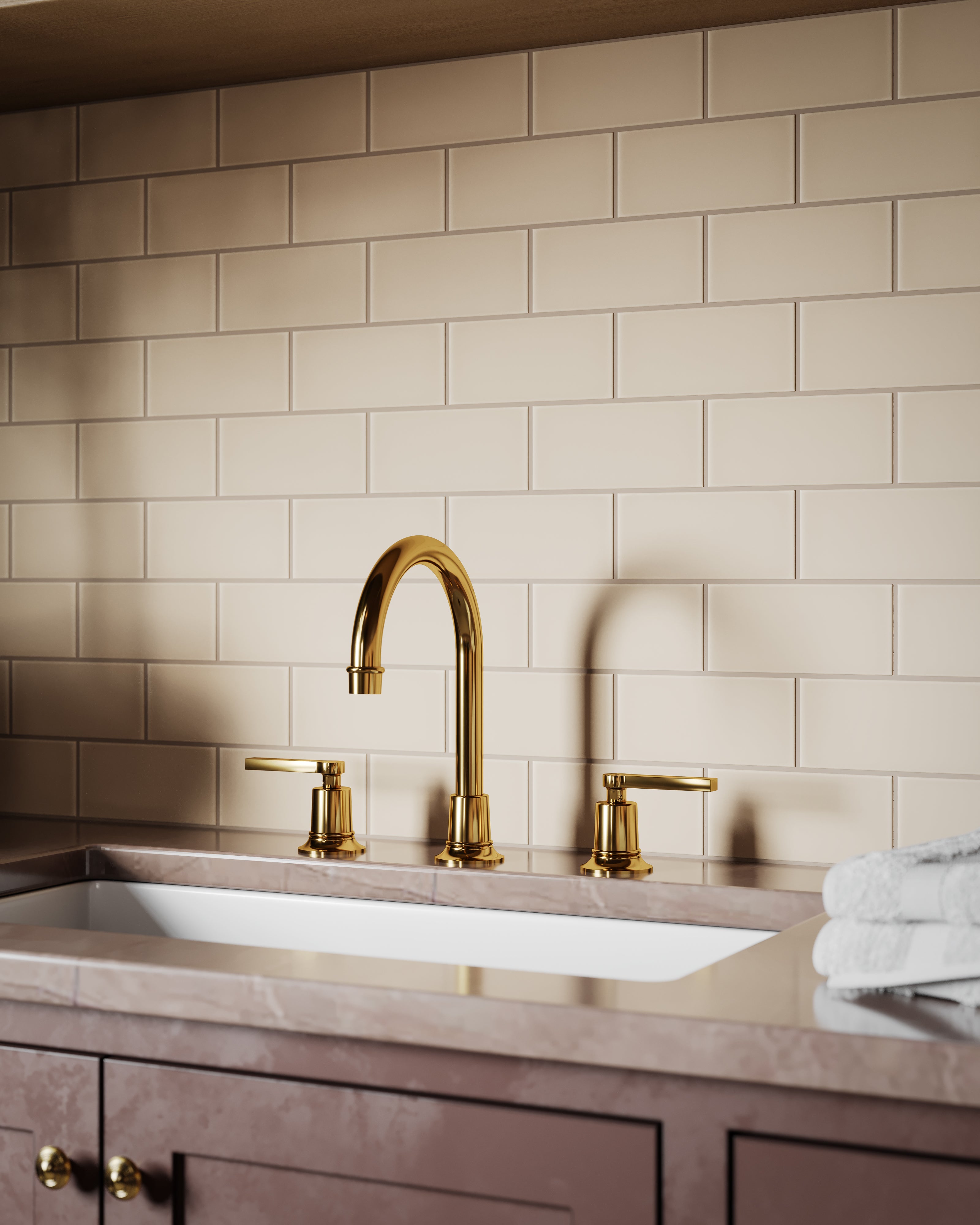 Emerson Two Handle Deck Mount Gooseneck Lavatory Faucet with Classic Lever Handles in Polished Brass