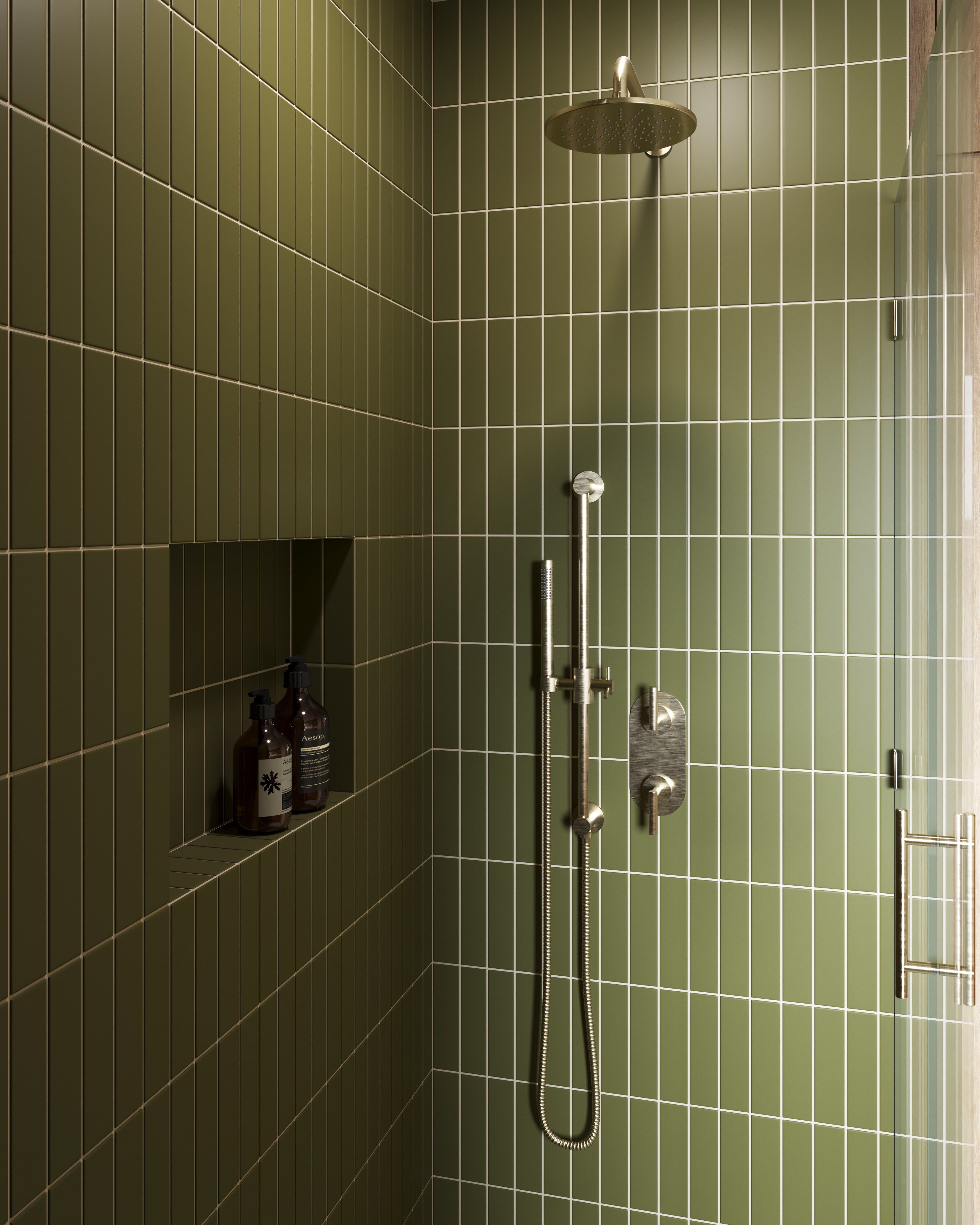 Contour Two Handle Wall Mount Shower Trim with Soft Lever Handles in Satin Brass