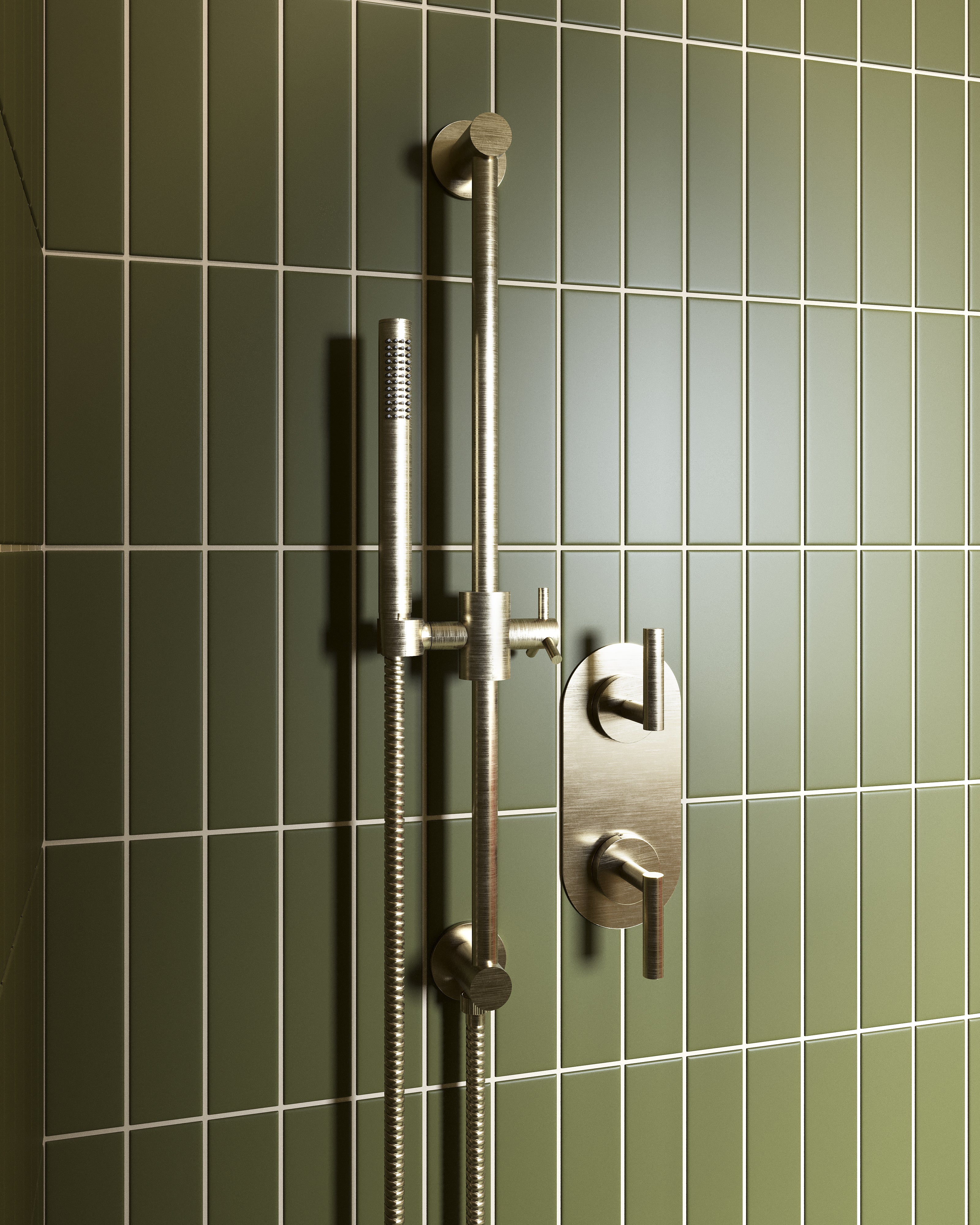 Contour Two Handle Wall Mount Shower Trim with Soft Lever Handles in Satin Brass