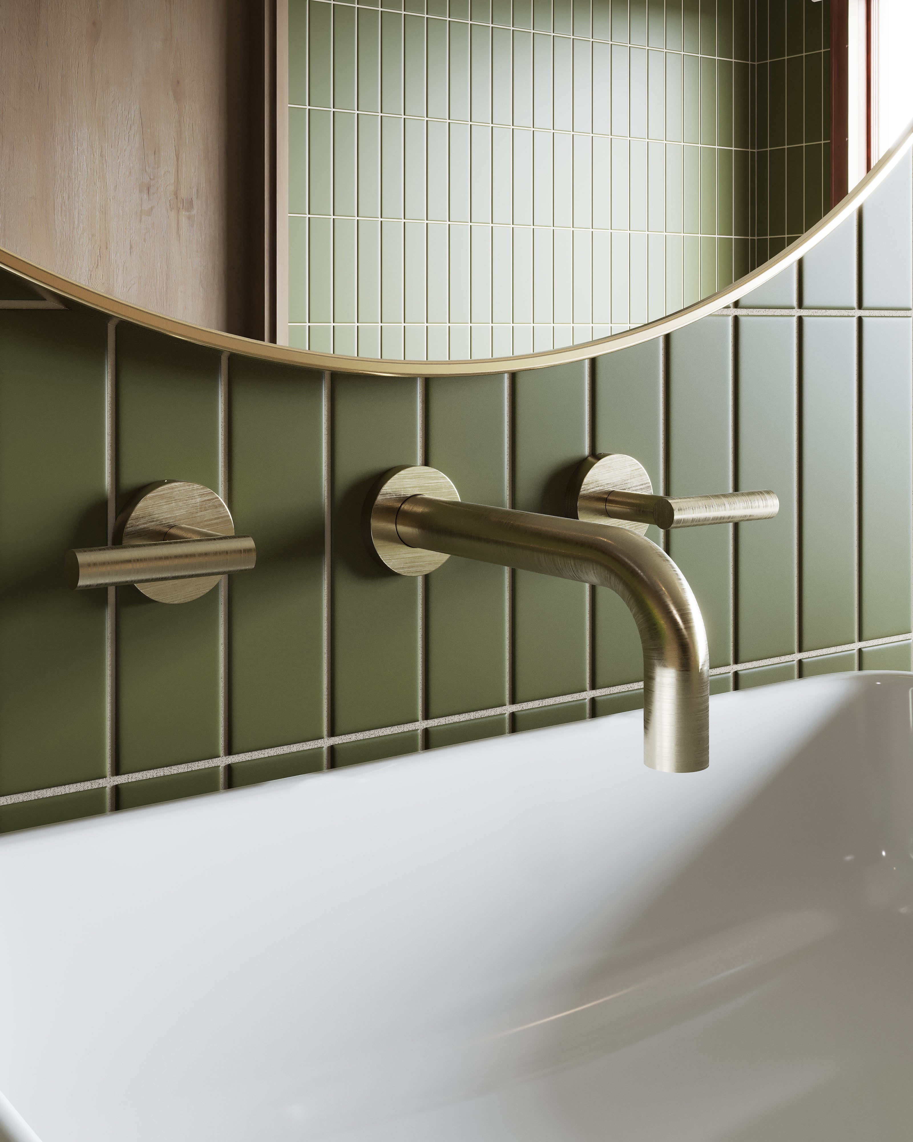 Contour Two Handle Wall Mount 7.5" Lavatory Faucet with Soft Lever Handles in Satin Brass
