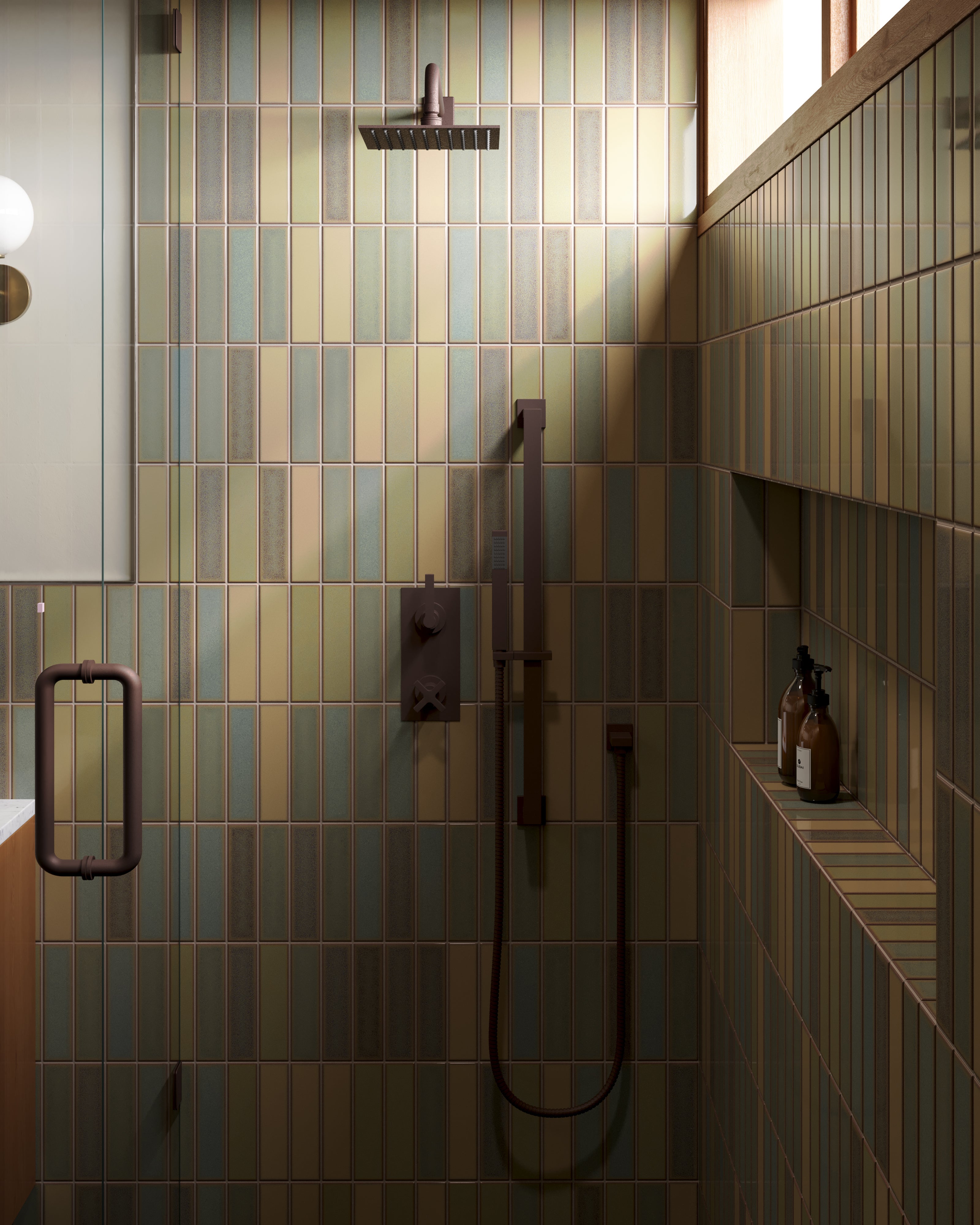 Flatiron Two Handle Wall Mount Shower Trim with Linear Cross/Linear Lever Handles in Architectural Copper