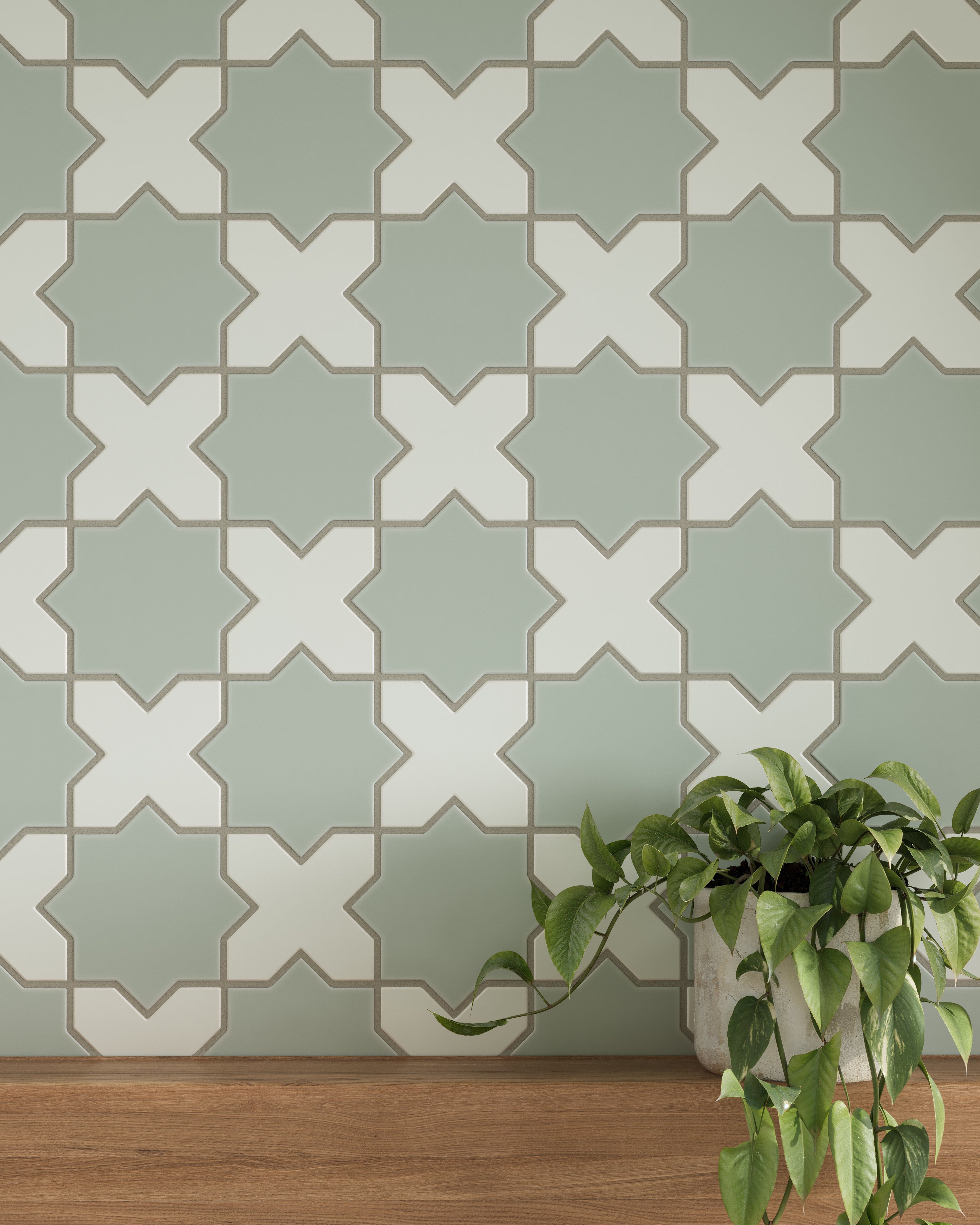 Mini Star & Cross Original Ceramic Tile in Rosemary Matte & Overcast Matte