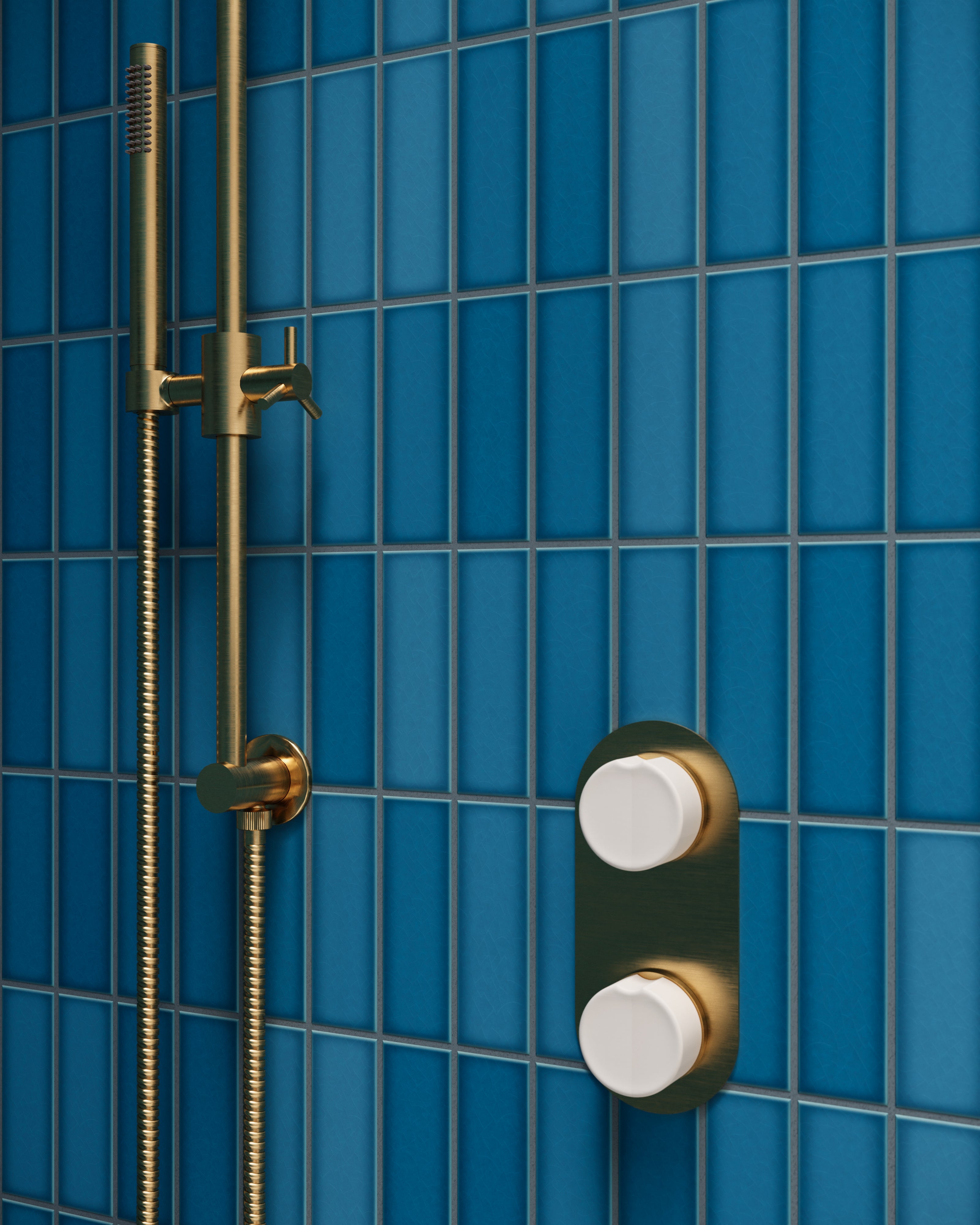 Foundry Two Handle Wall Mount Shower Trim with Groove Ceramic Knob Handles in Satin Brass