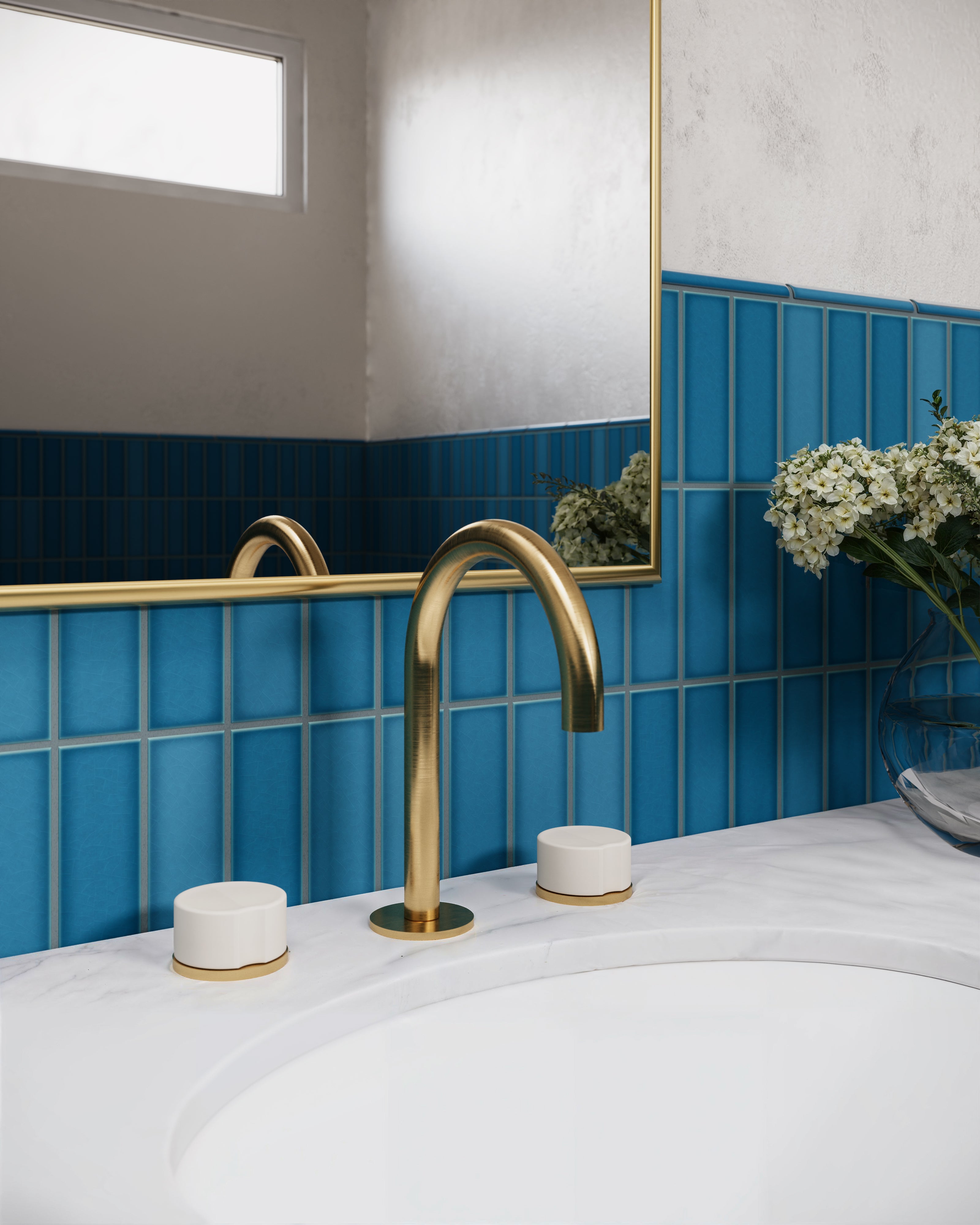 Foundry Two Handle Deck Mount Gooseneck Lavatory Faucet with Groove Ceramic Knob Handles in Satin Brass