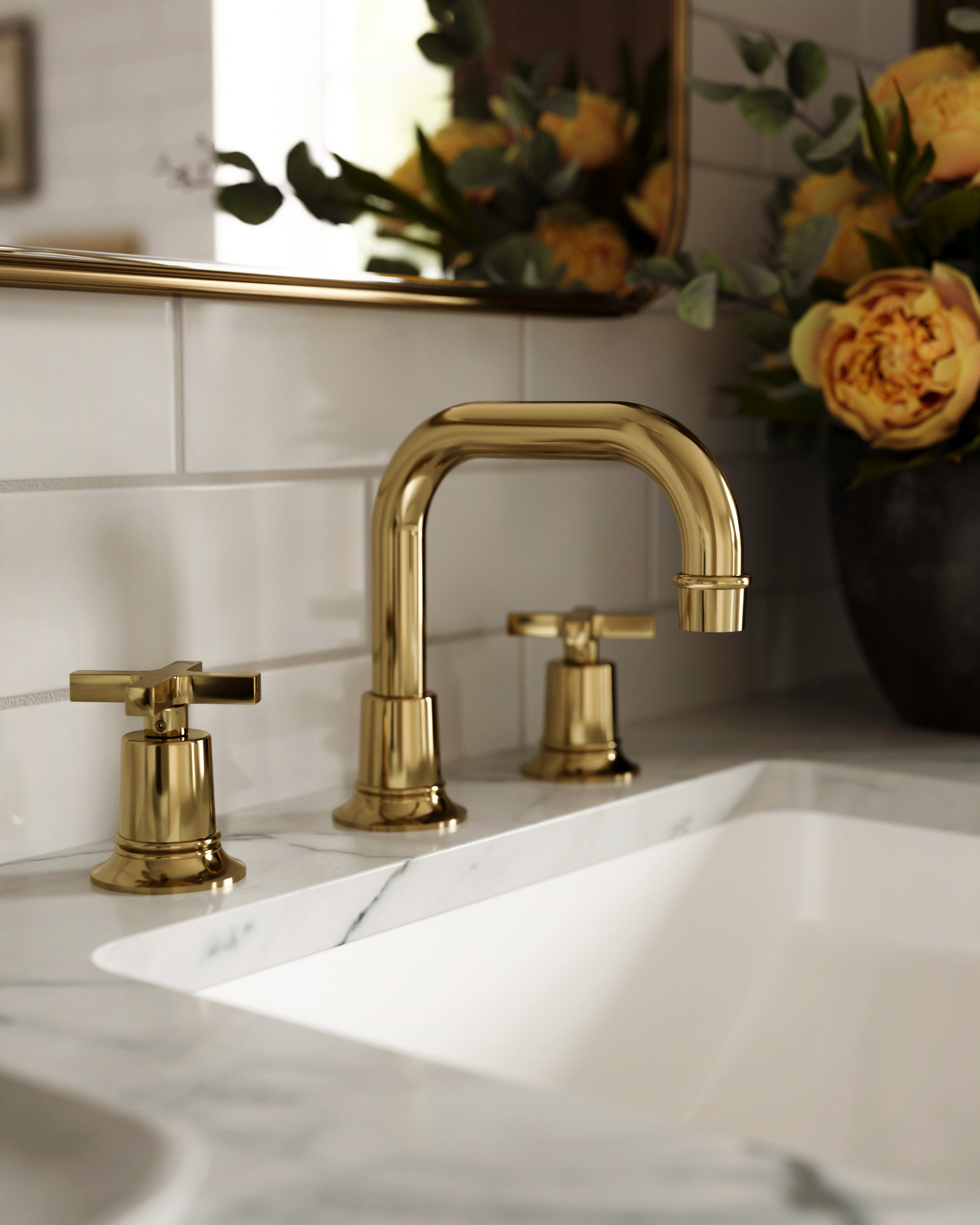 Emerson Two Handle Deck Mount Squaretop Lavatory Faucet with Classic Cross Handles in Polished Brass