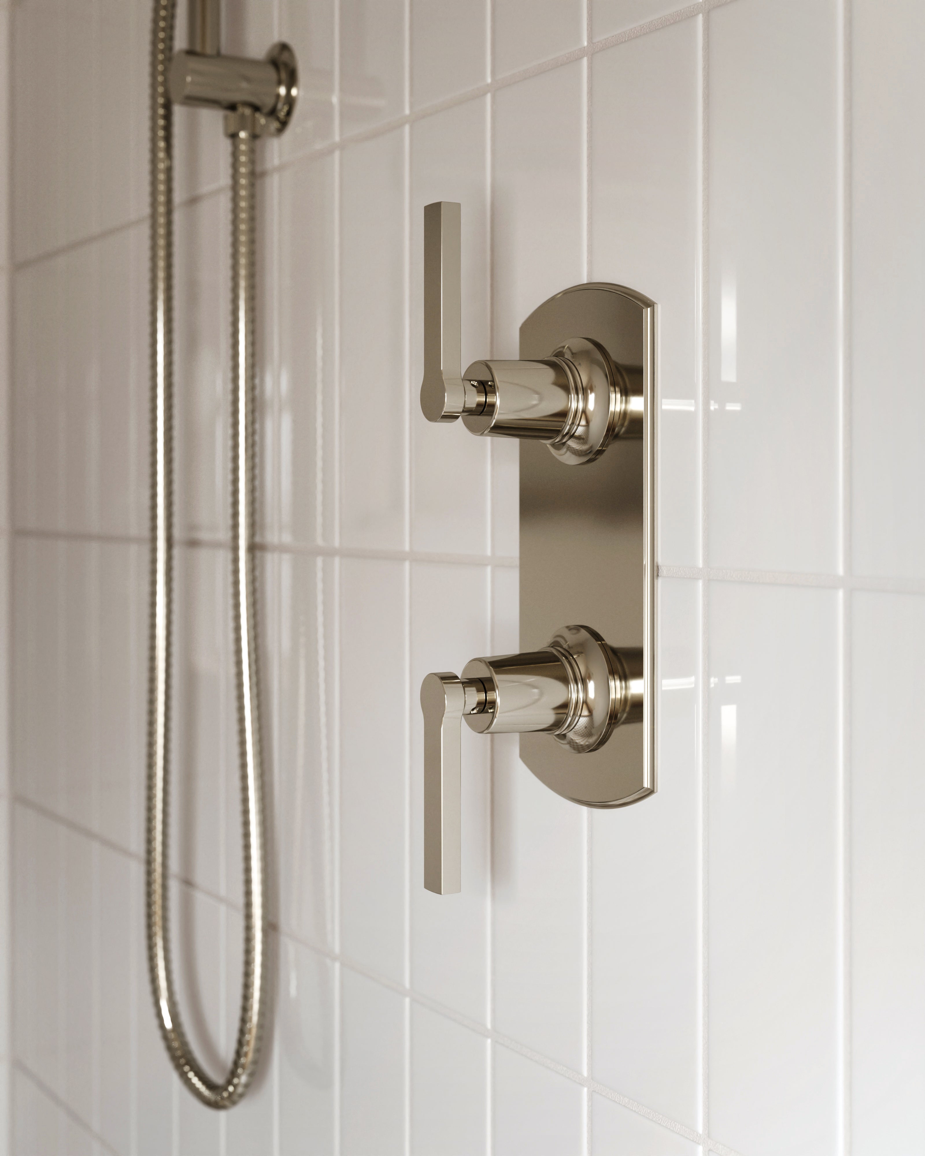 Emerson Two Handle Wall Mount Shower Trim with Classic Lever Handles in Polished Nickel