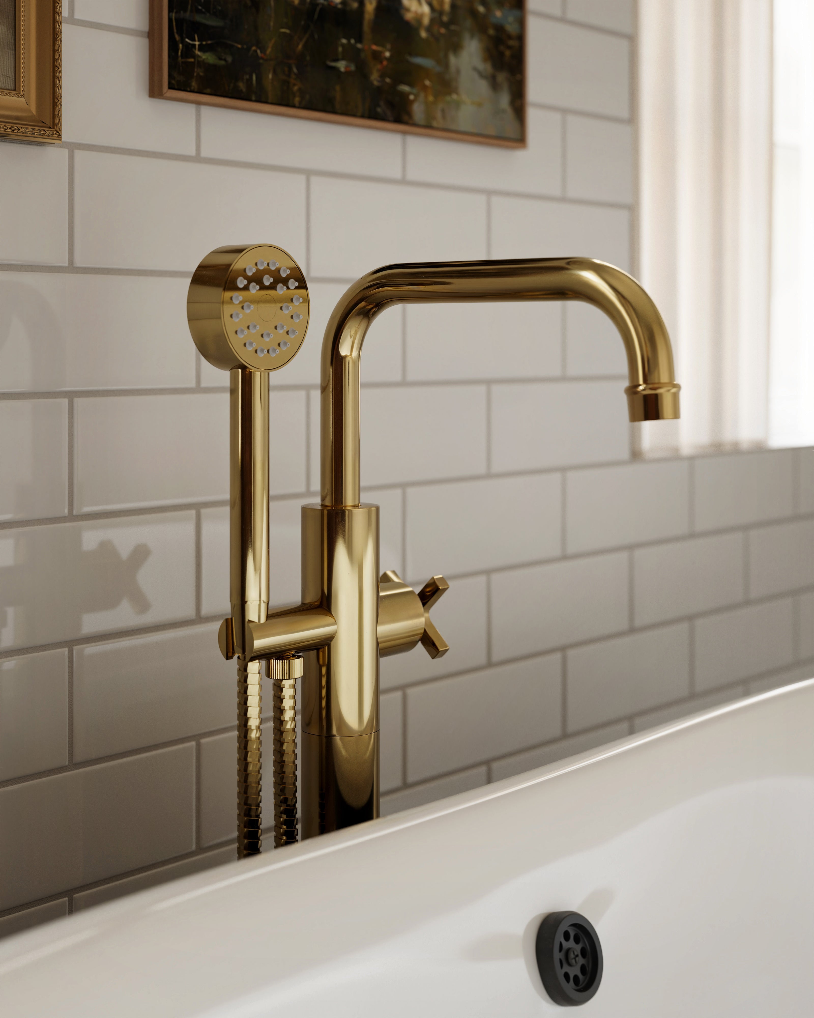 Emerson One Handle Floor Mount Squaretop Bath Trim with Hand Shower and Classic Cross Handle in Polished Brass