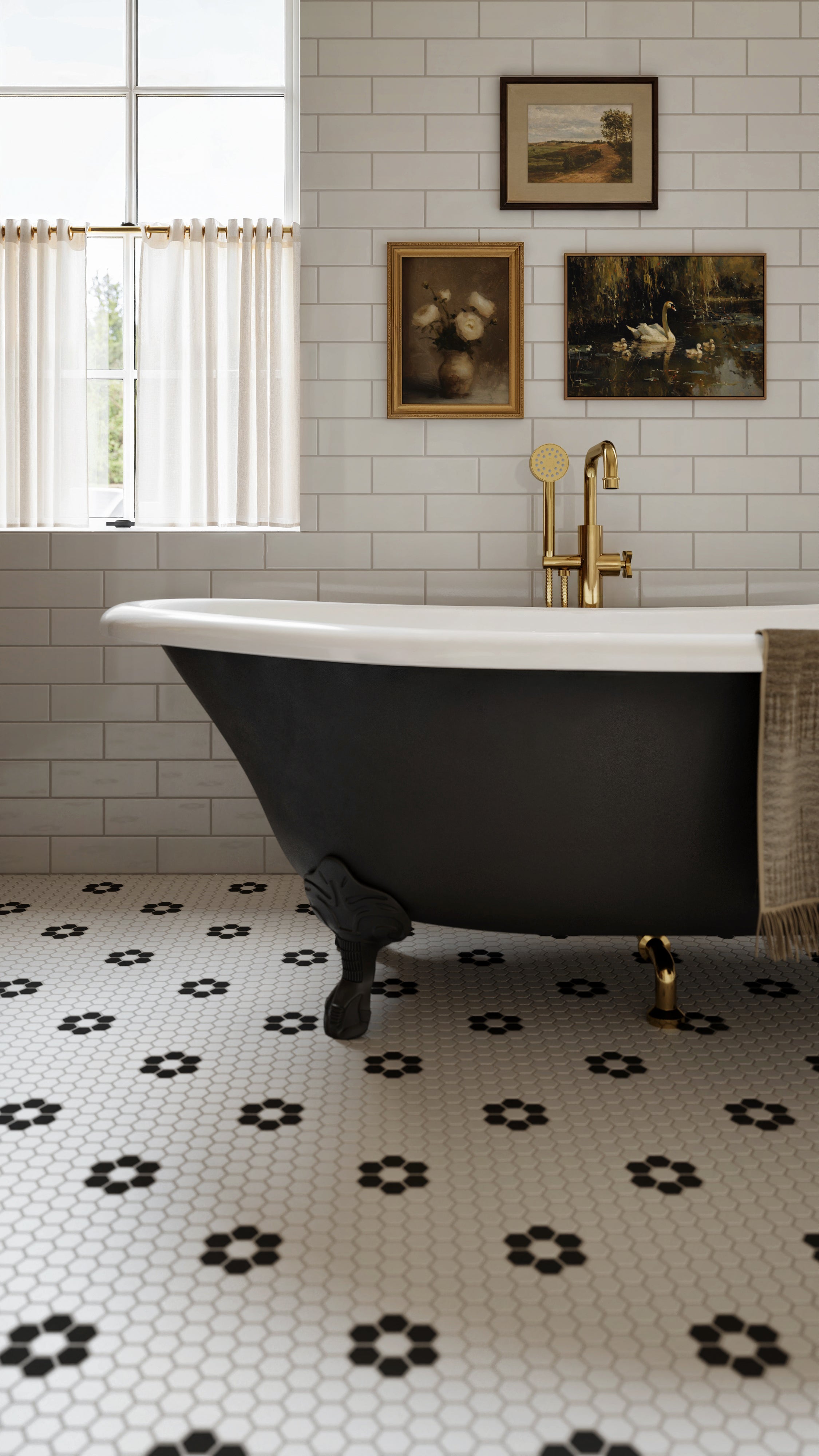 Emerson One Handle Floor Mount Squaretop Bath Trim with Hand Shower and Classic Cross Handle in Polished Brass