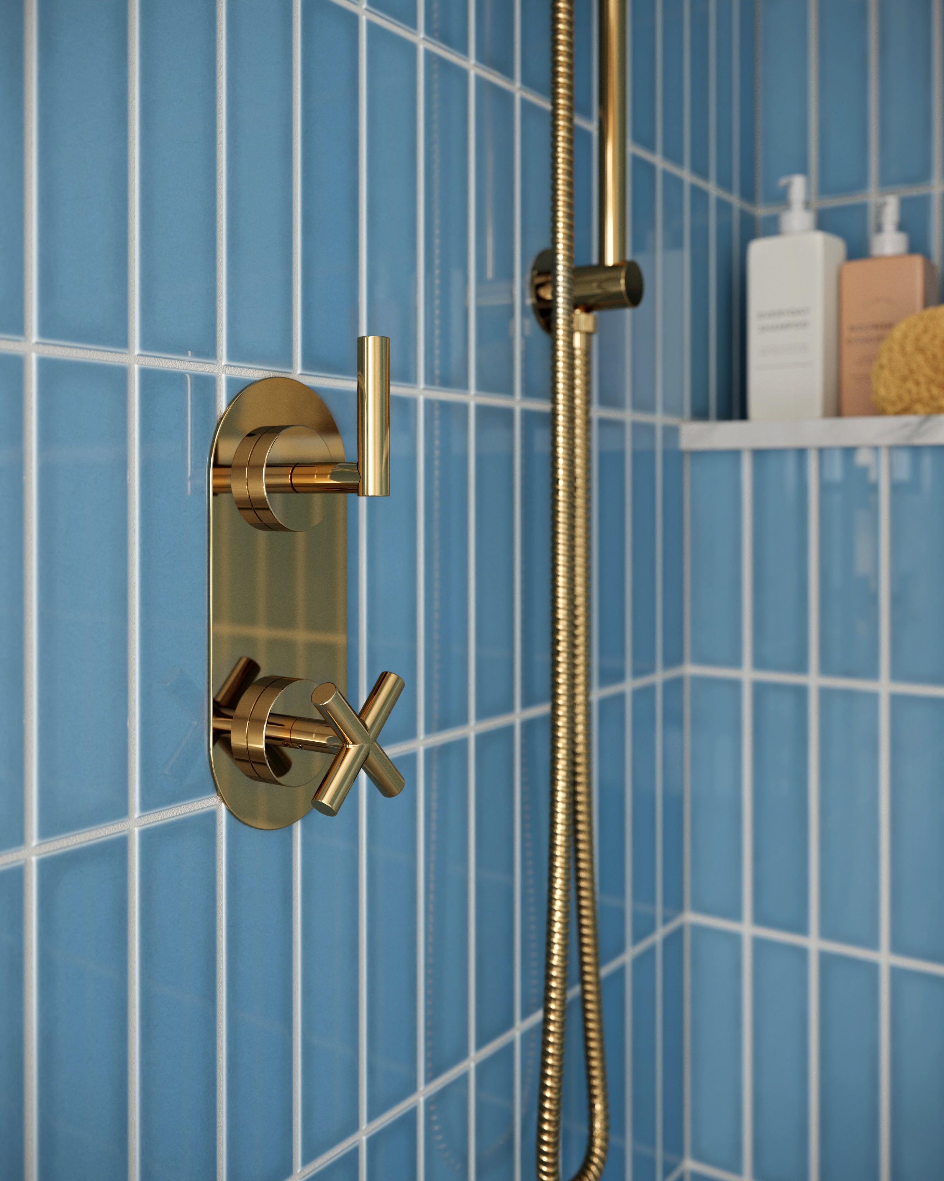 Contour Two Handle Wall Mount Shower Trim with Soft Cross/Soft Lever Handles in Polished Brass