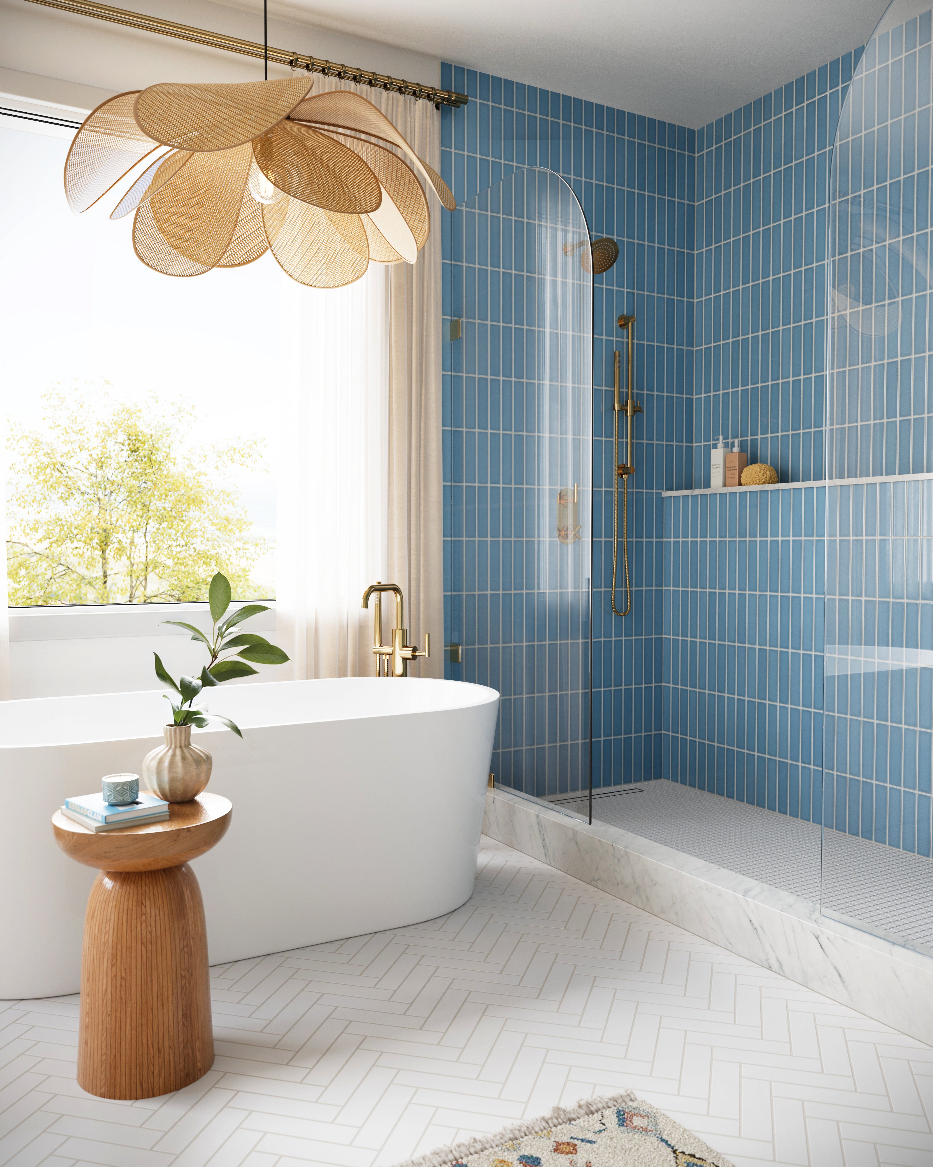 Contour One Handle Floor Mount Squaretop Bath Trim with Hand Shower and Soft Lever Handle in Polished Brass