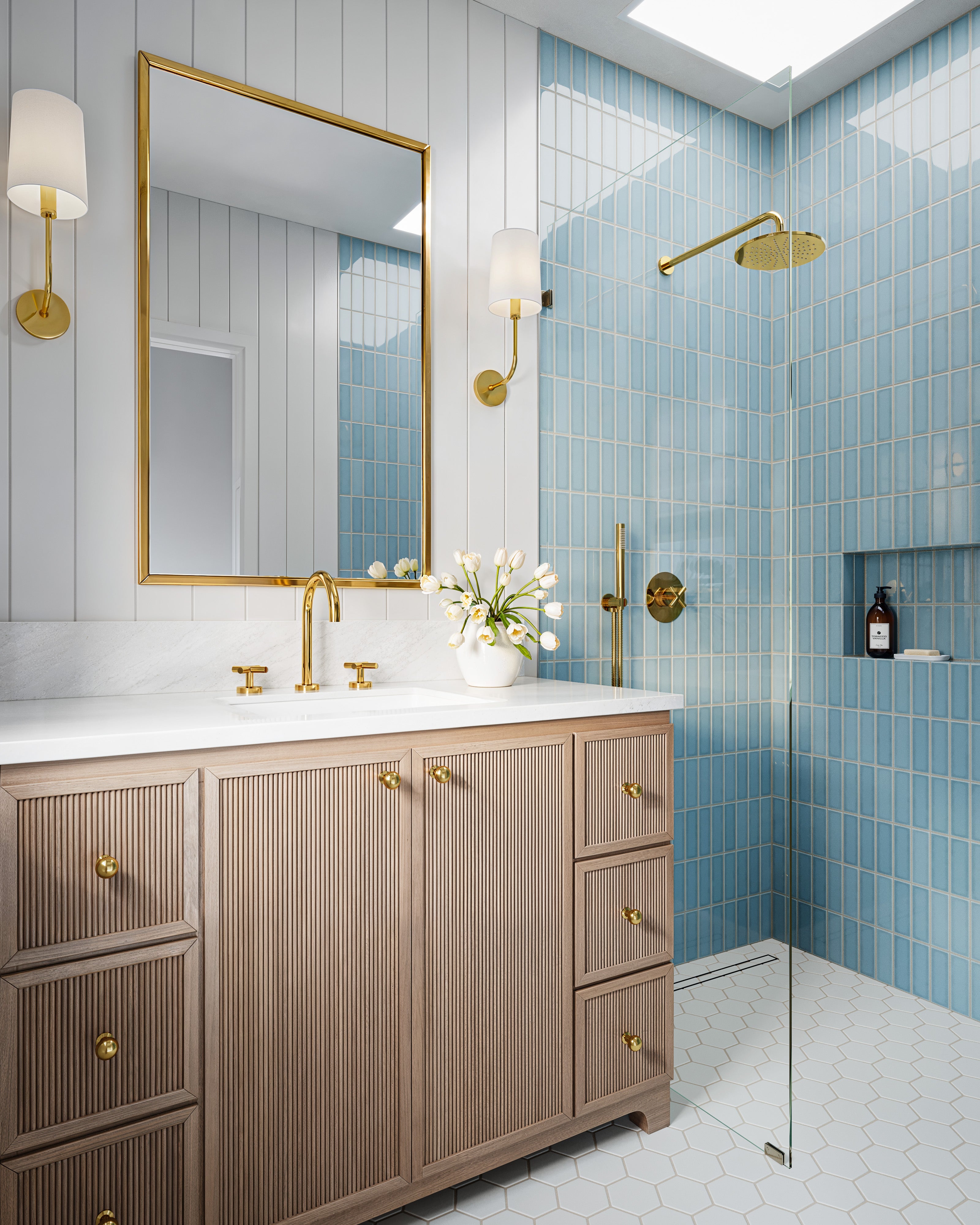 Contour Two Handle Deck Mount Gooseneck Lavatory Faucet with Soft Cross Handles in French Brass