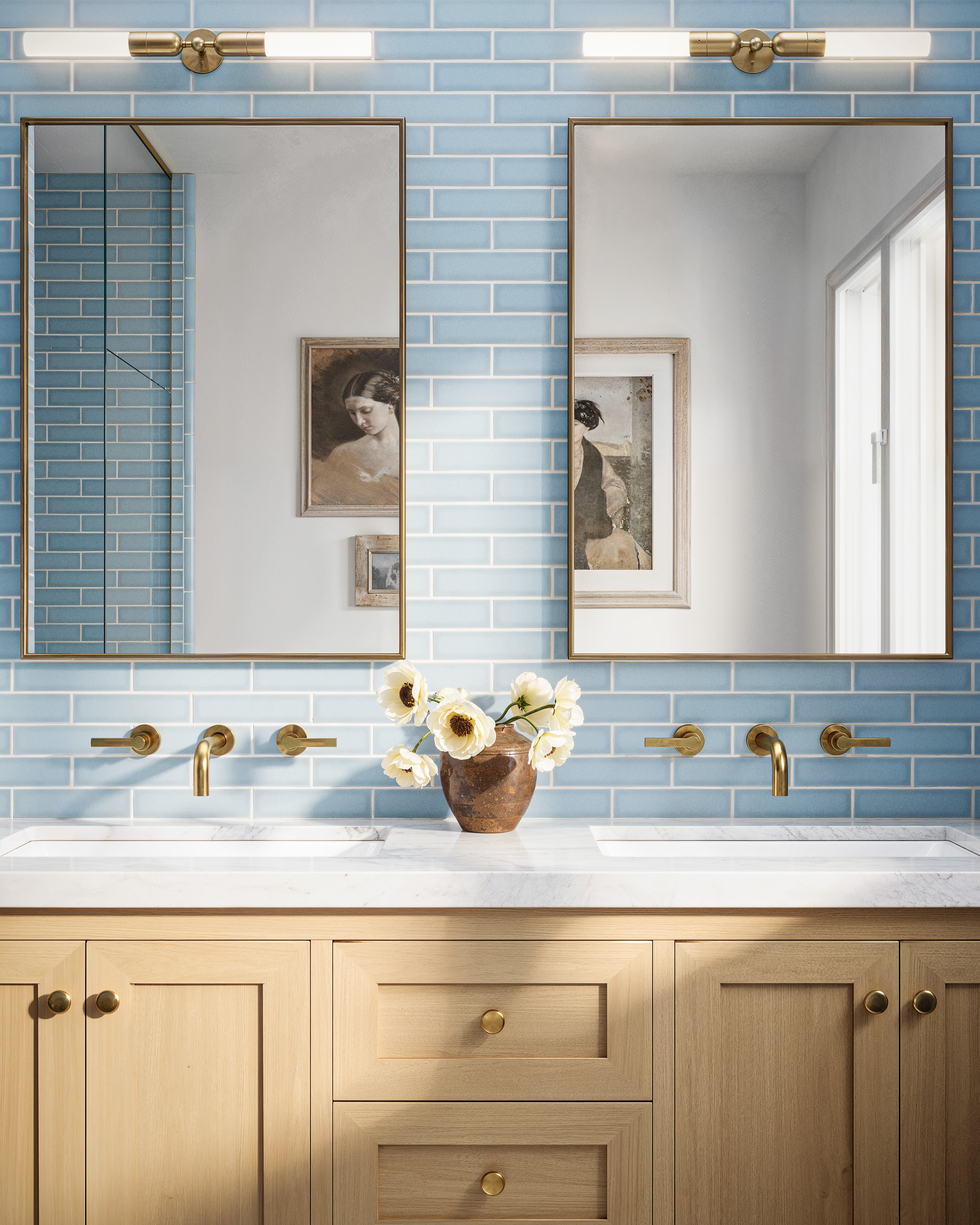Flatiron Two Handle Wall Mount 7.5" Lavatory Faucet with Linear Lever Handles in French Brass