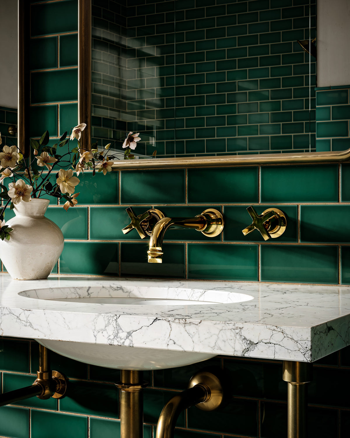 Emerson Two Handle Wall Mount 8.25" Lavatory Faucet with Defined Cross Handles in Polished Brass
