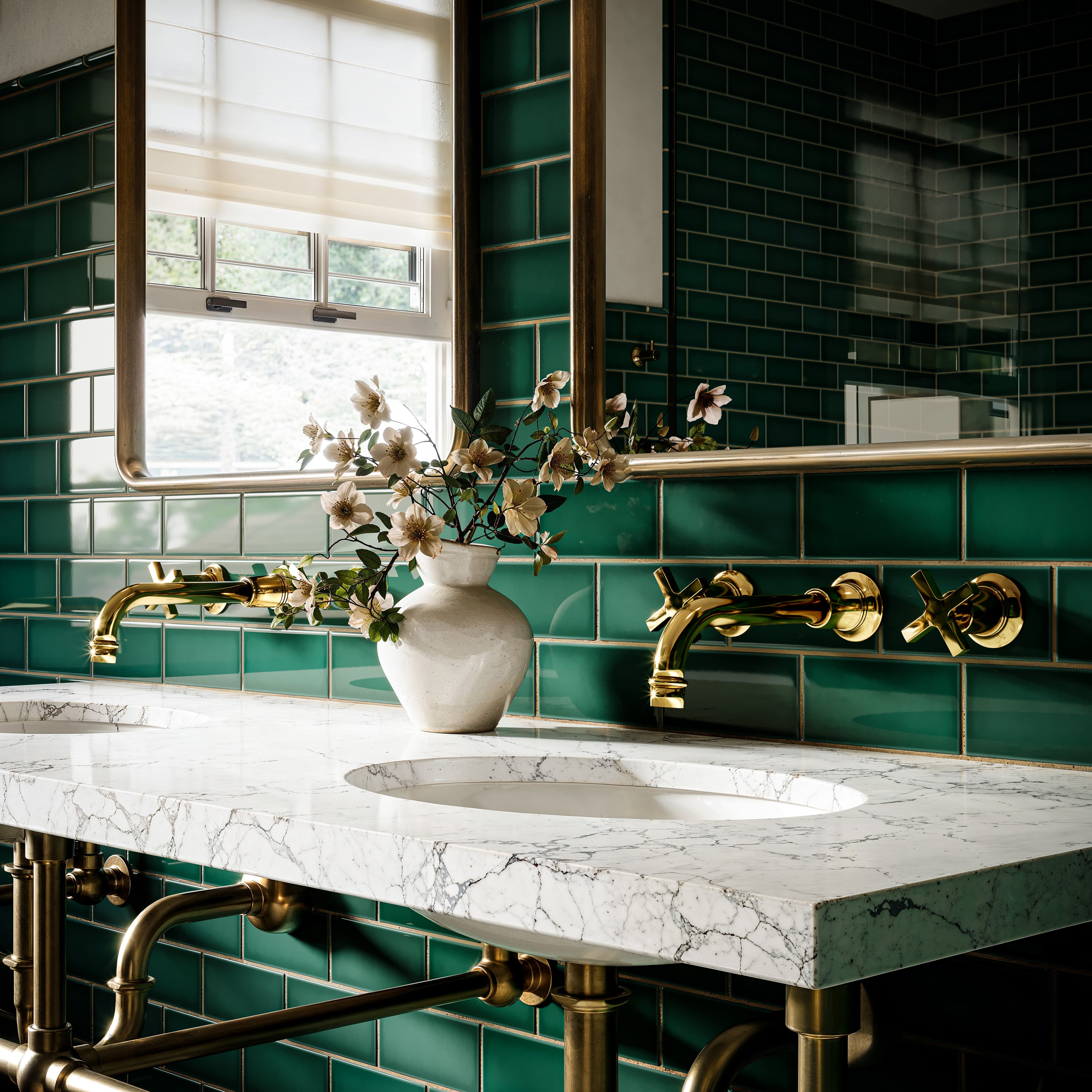 Emerson Two Handle Wall Mount 8.25" Lavatory Faucet with Defined Cross Handles in Polished Brass