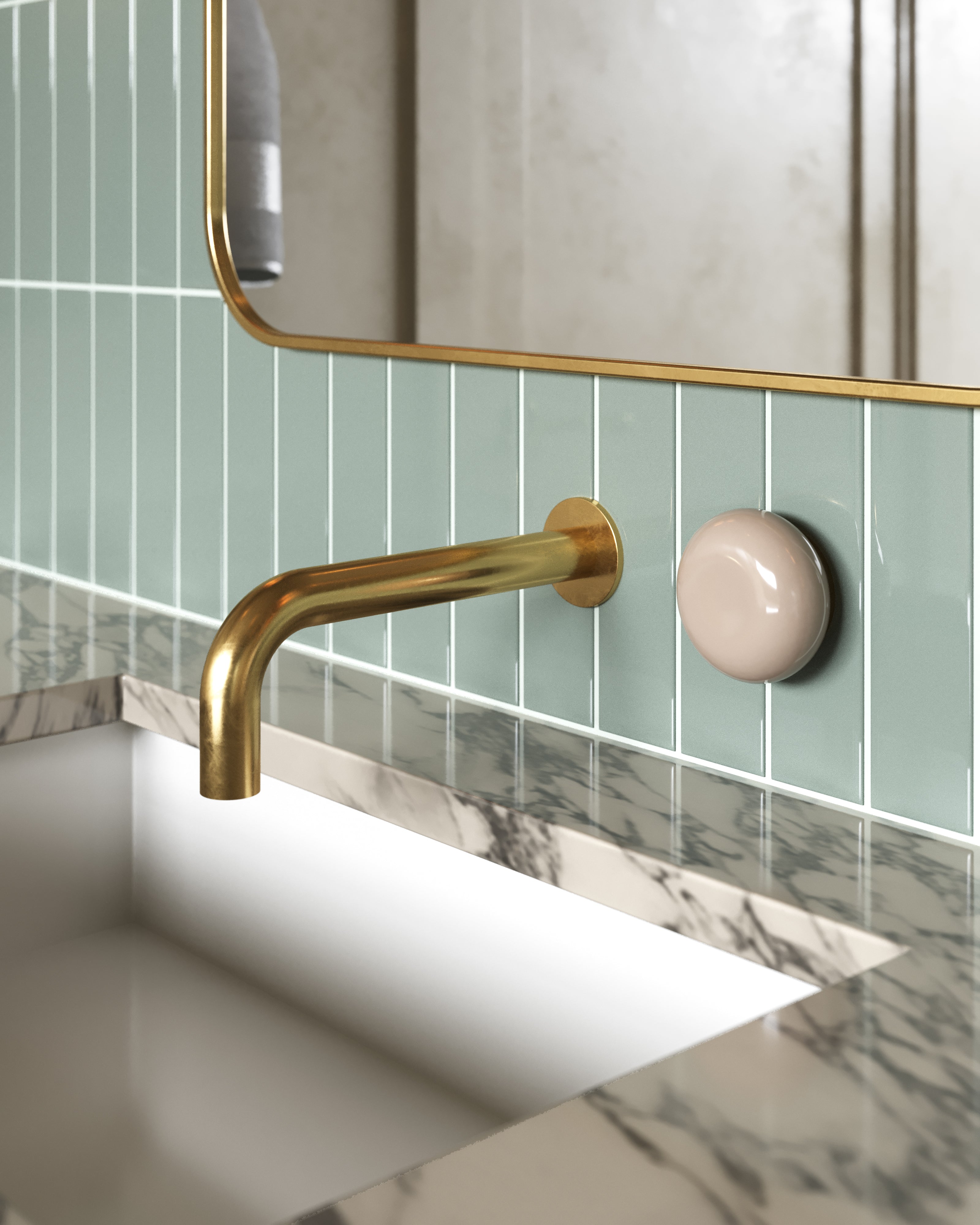 Foundry One Handle Wall Mount 7.5" Lavatory Faucet with Pebble Ceramic Knob Handle in French Brass