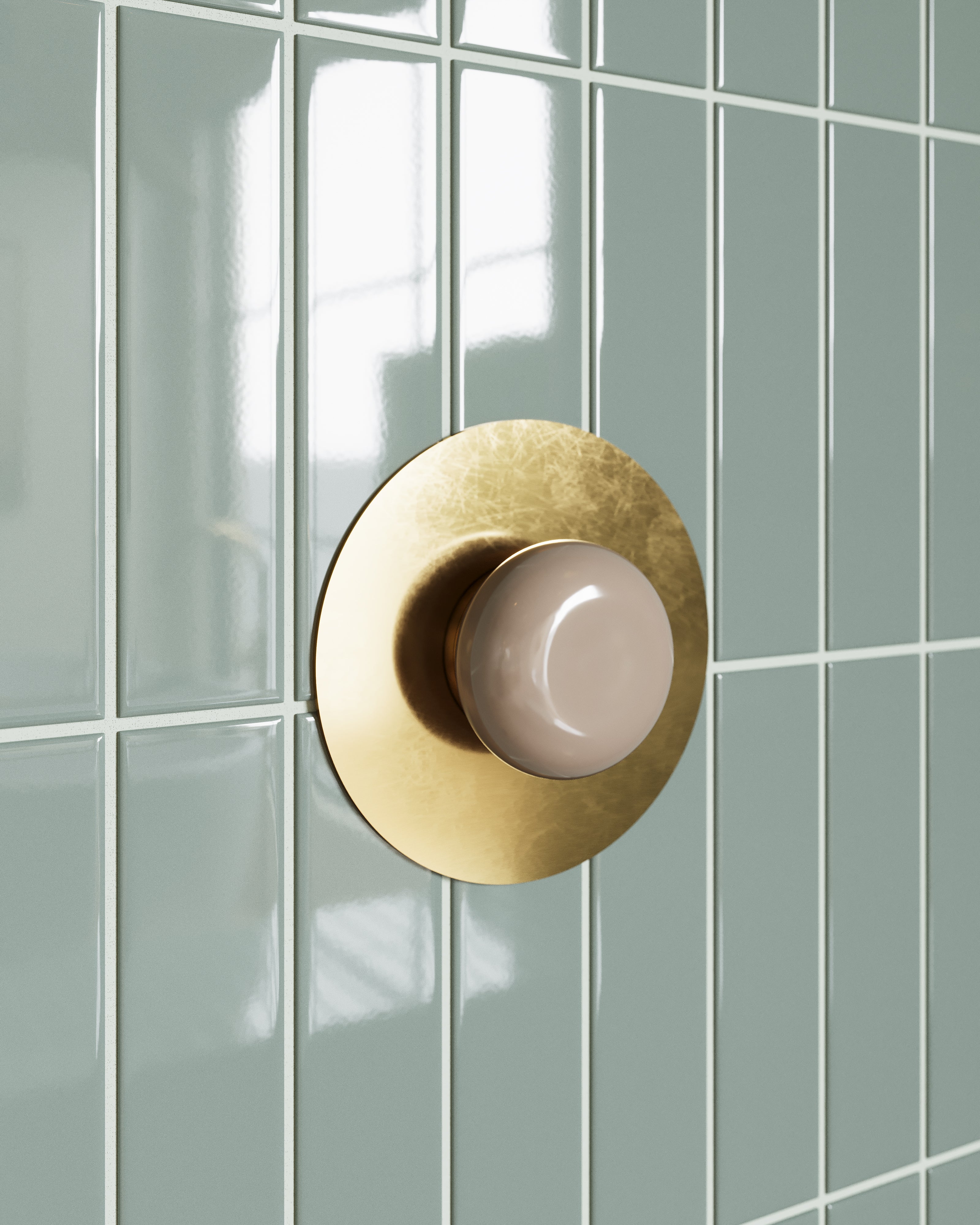 Foundry One Handle Wall Mount Shower Trim with Pebble Ceramic Knob Handle in French Brass