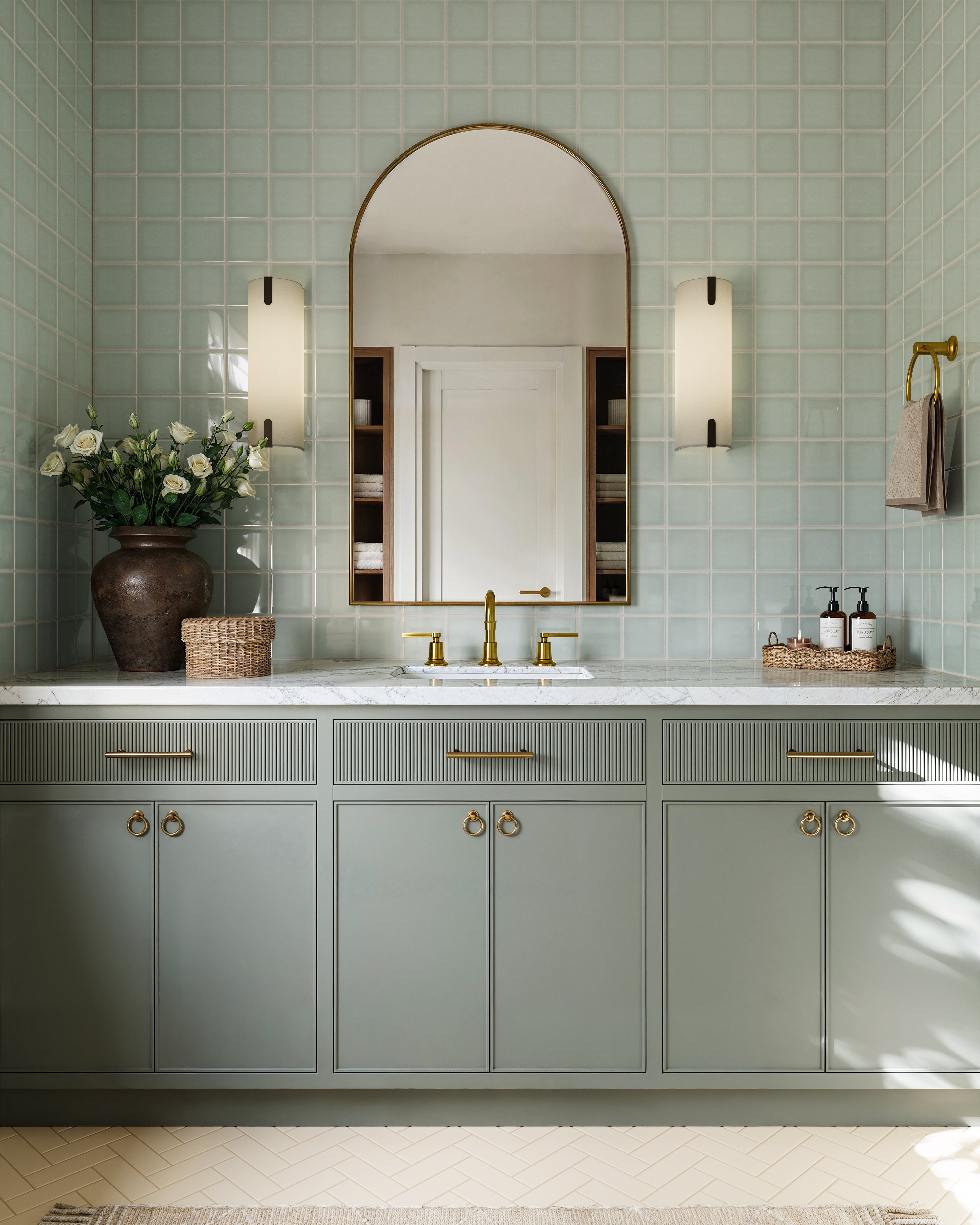 Emerson Two Handle Deck Mount Squaretop Lavatory Faucet with Classic Lever Handles in French Brass