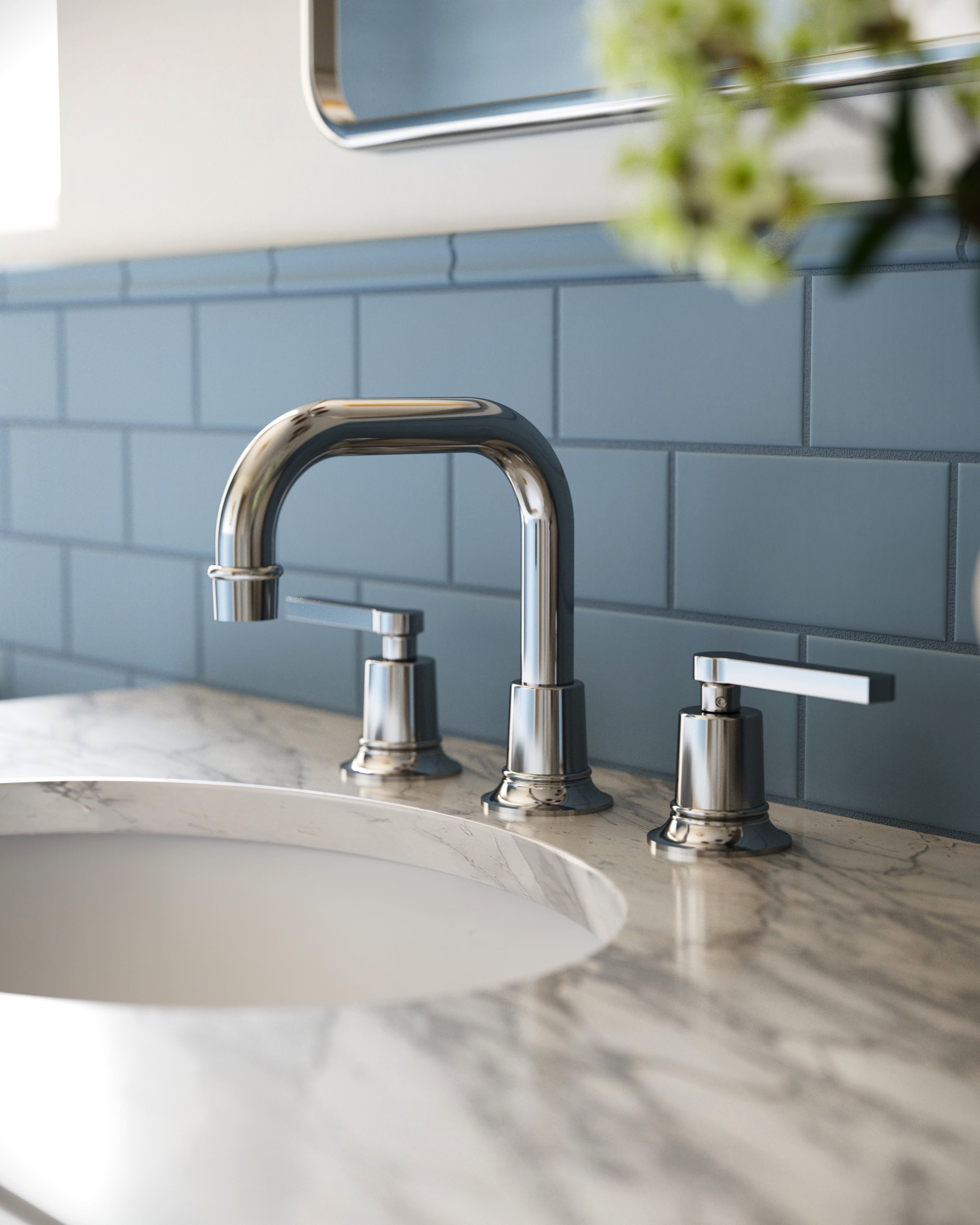 Emerson Two Handle Deck Mount Squaretop Lavatory Faucet with Classic Lever Handles in Polished Chrome