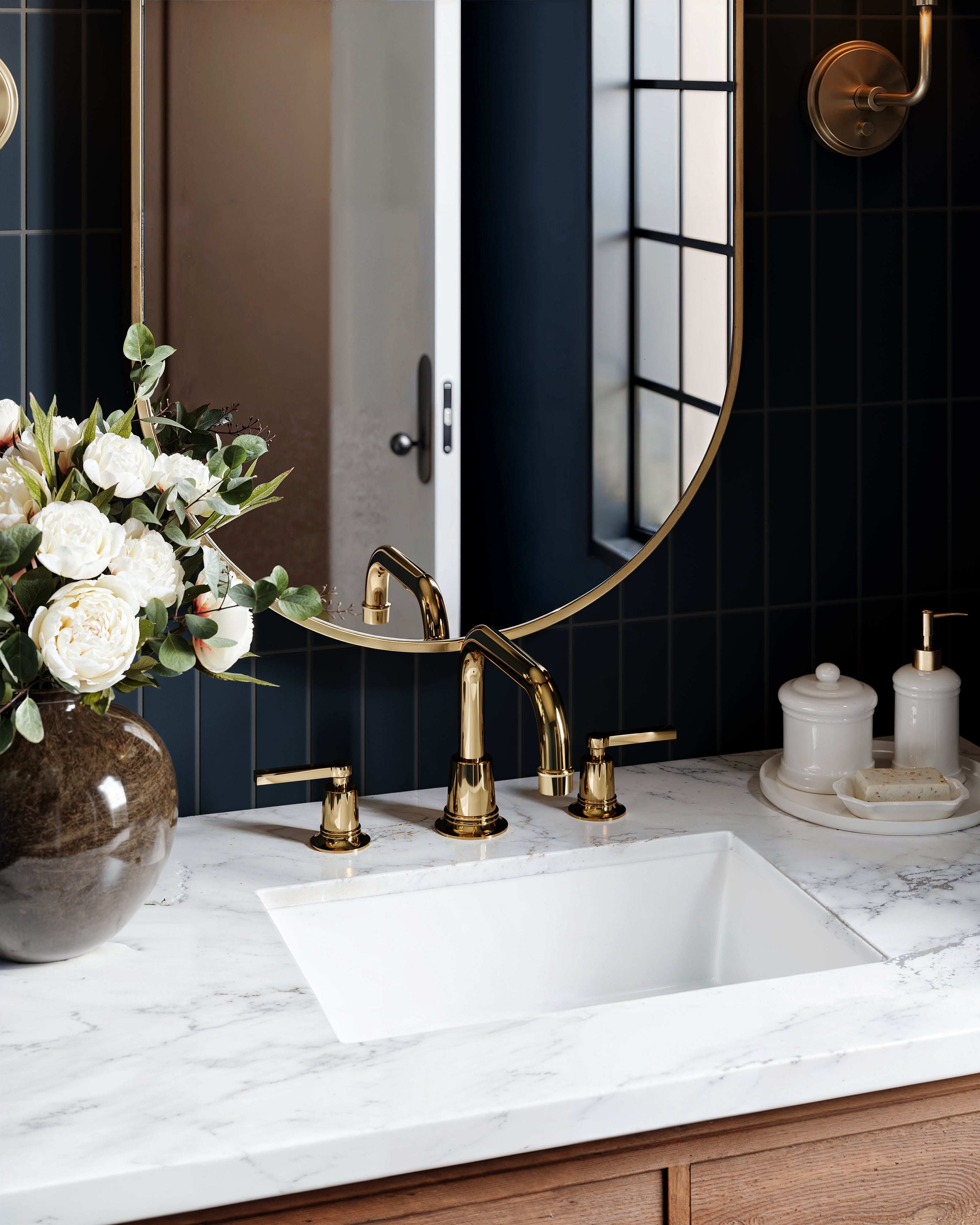 Emerson Two Handle Deck Mount Squaretop Bath Trim with Classic Lever Handles in Polished Brass