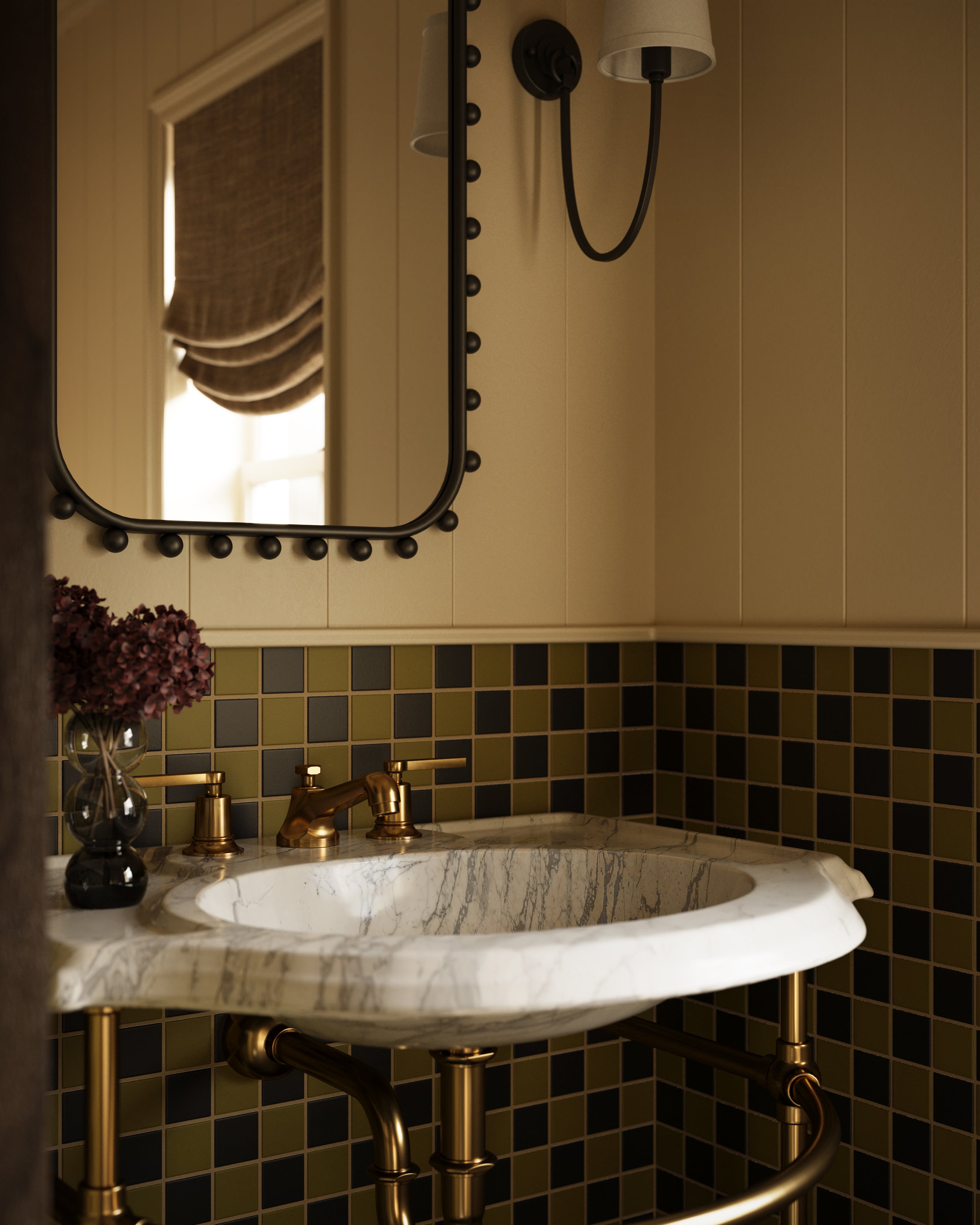 Emerson Two Handle Deck Mount Low Hexagon Lavatory Faucet with Classic Lever Handles in French Brass