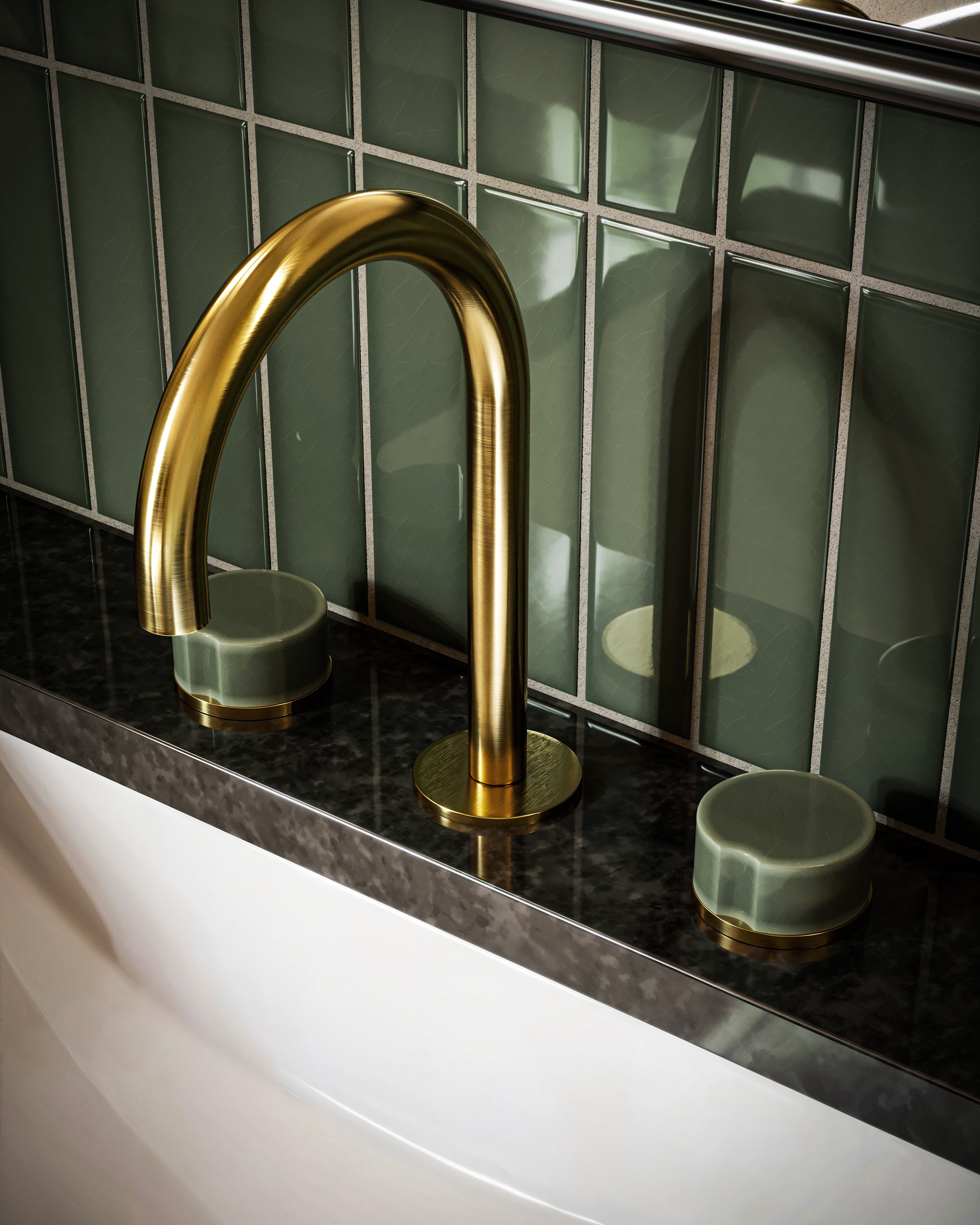 Foundry Two Handle Deck Mount Gooseneck Lavatory Faucet with Groove Ceramic Knob Handles in French Brass
