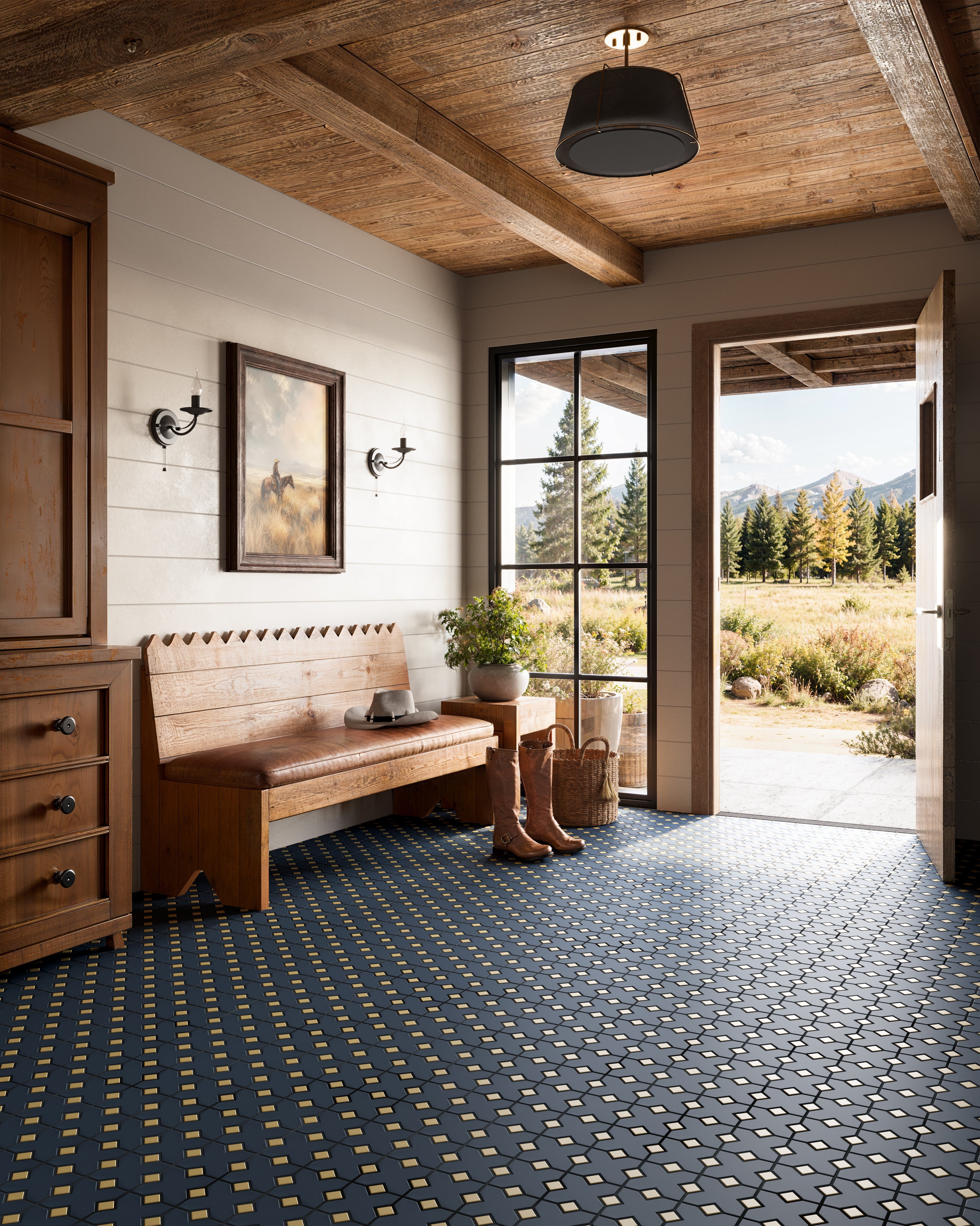 Hacienda Sheeted Original Ceramic Tile in Navy Blue Matte & Chaparral Matte