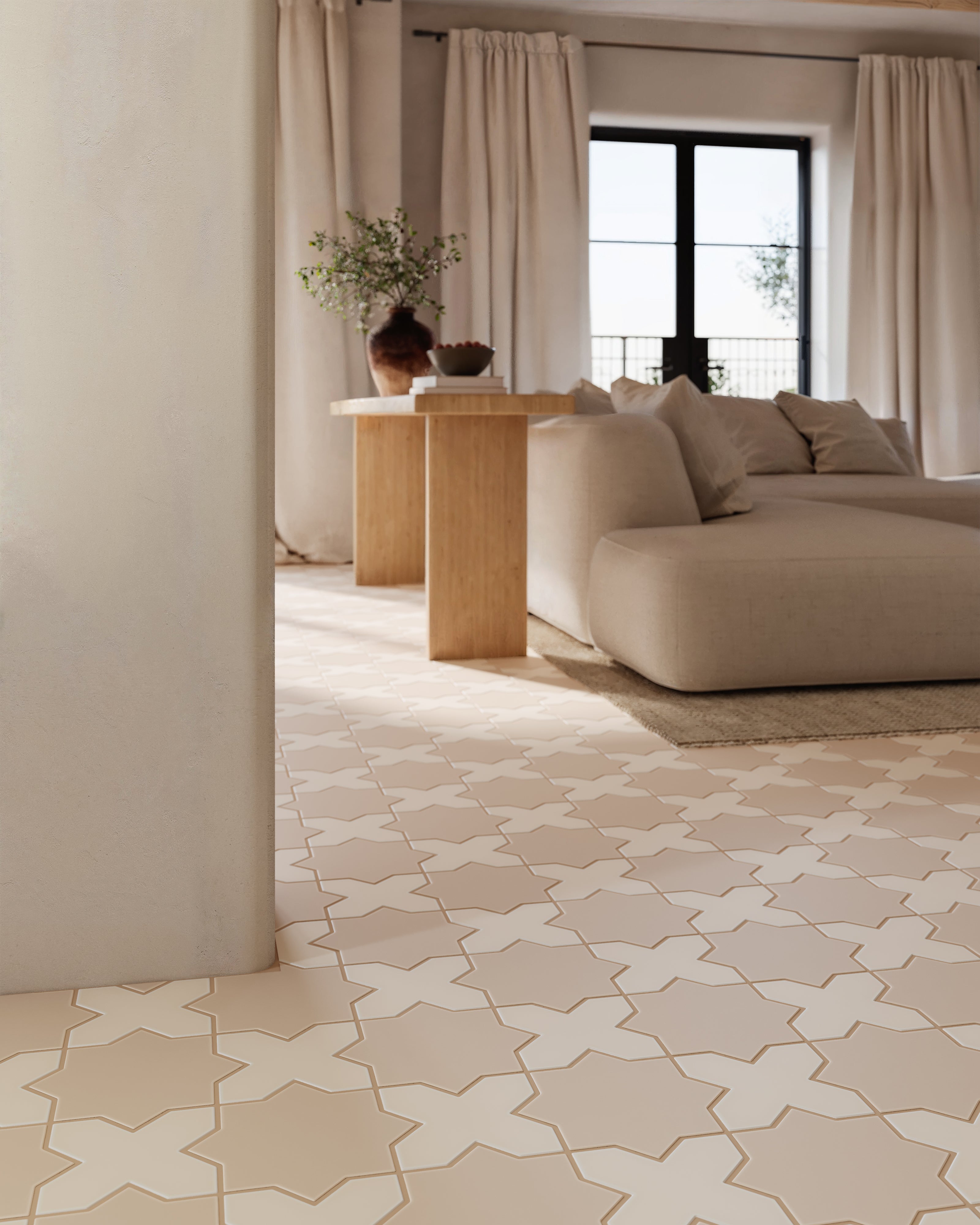 Star & Cross Original Ceramic Tile in Sweet Pea Matte & Sand Dune Matte