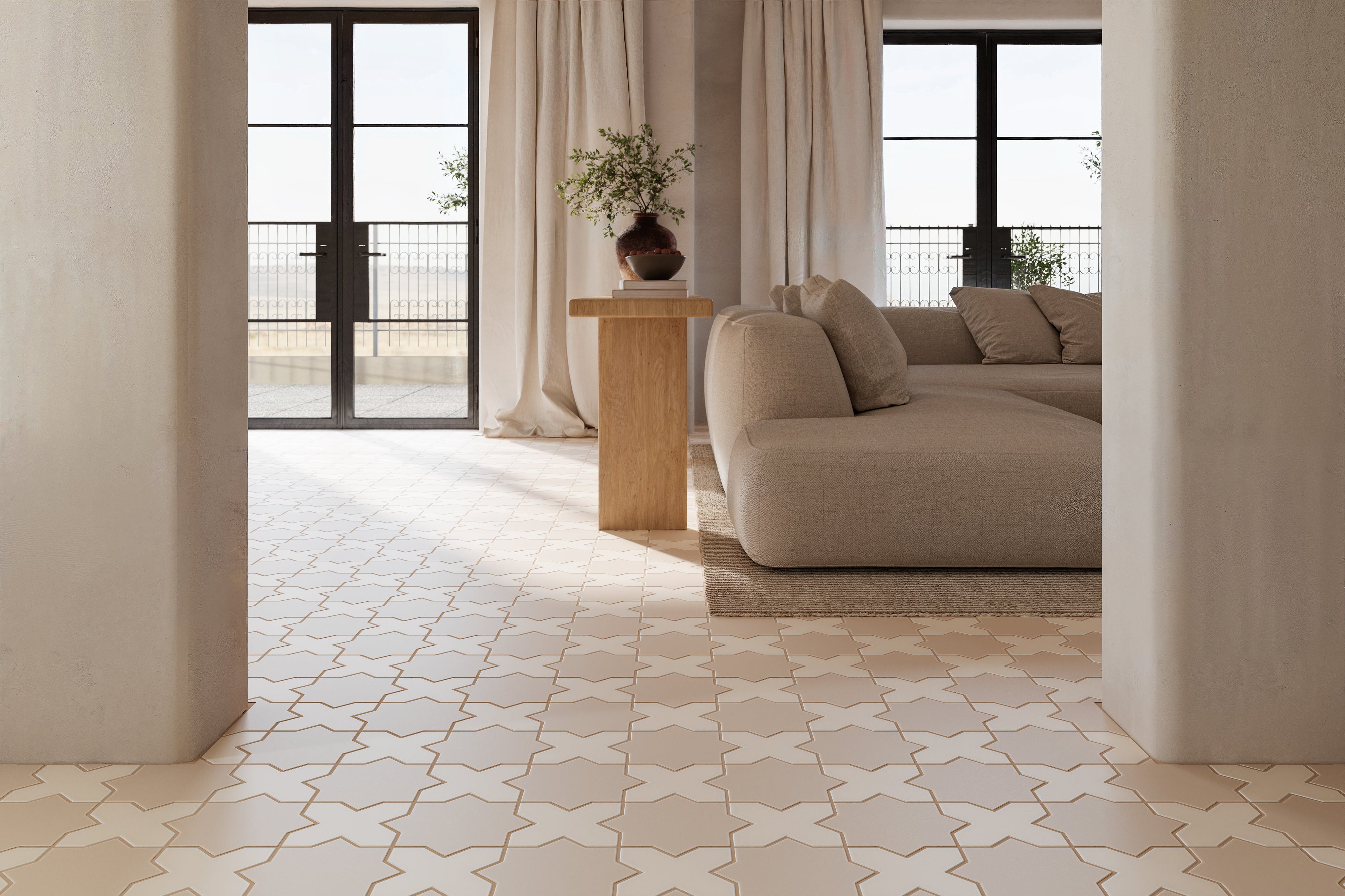 Star & Cross Original Ceramic Tile in Sweet Pea Matte & Sand Dune Matte