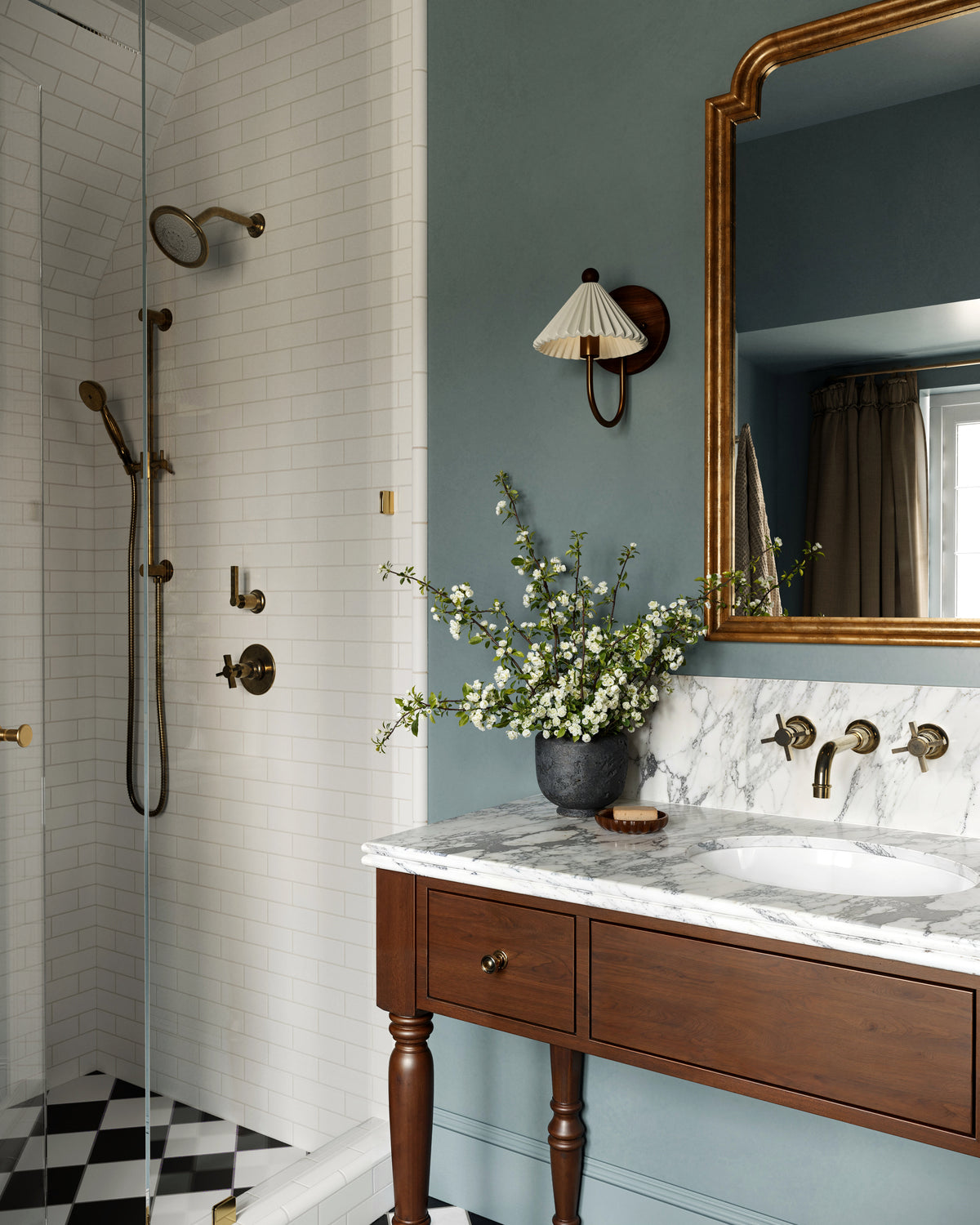 Emerson Two Handle Wall Mount 8.25" Lavatory Faucet with Defined Cross Handles in Uncoated Polished Brass