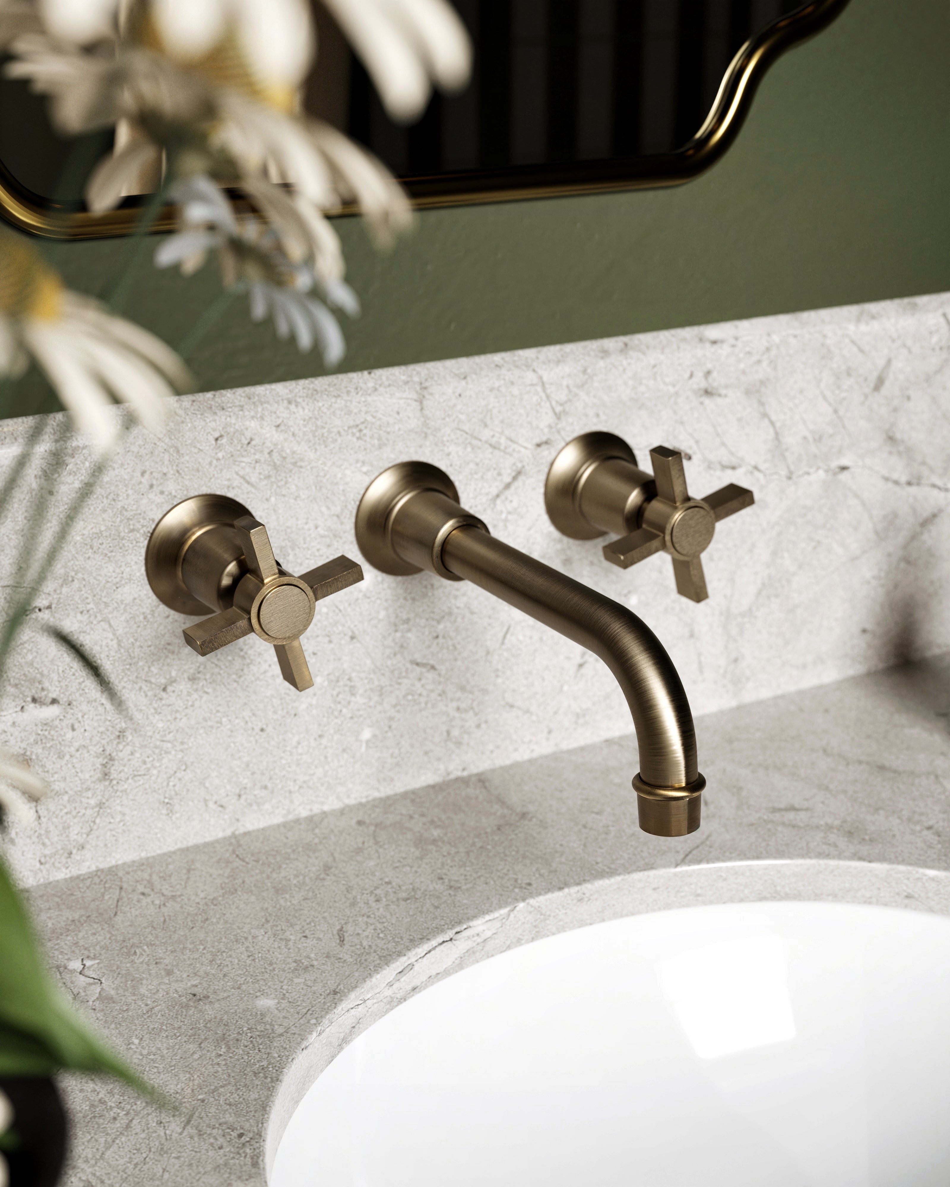 Emerson Two Handle Wall Mount 8.25" Lavatory Faucet with Defined Cross Handles in Antique Brass