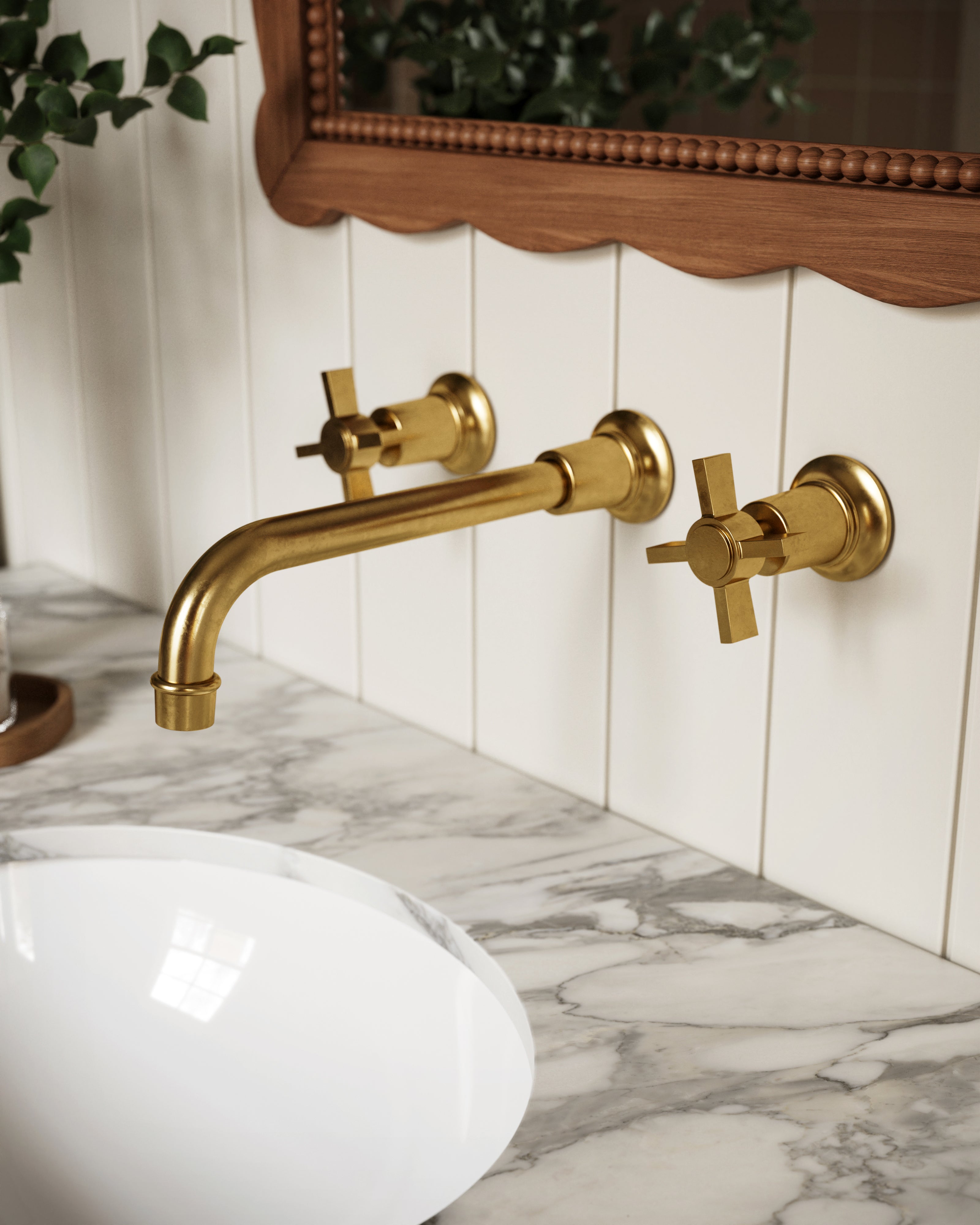 Emerson Two Handle Wall Mount 10" Lavatory Faucet with Defined Cross Handles in French Brass