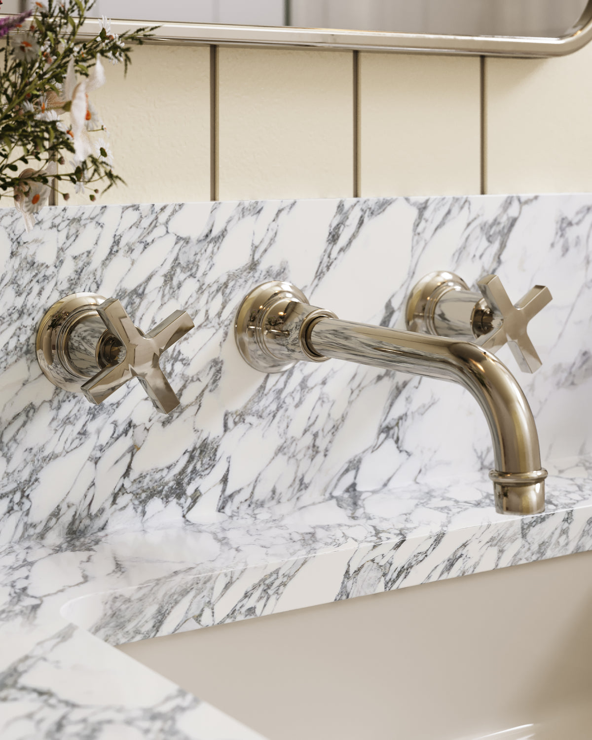 Emerson Two Handle Wall Mount 8.25" Lavatory Faucet with Defined Cross Handles in Polished Nickel