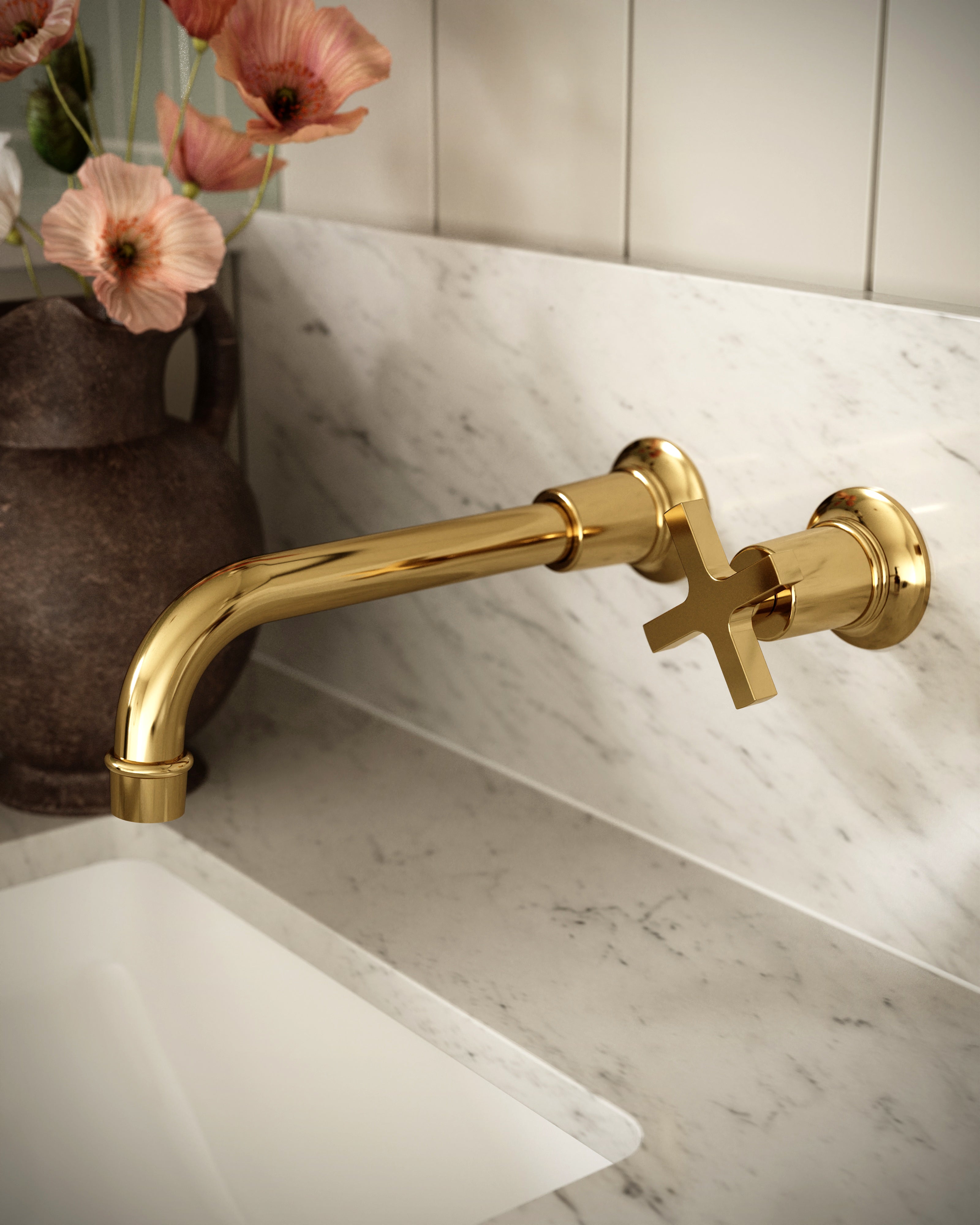 Emerson One Handle Wall Mount 8.25" Lavatory Faucet with Classic Cross Handle in Polished Brass