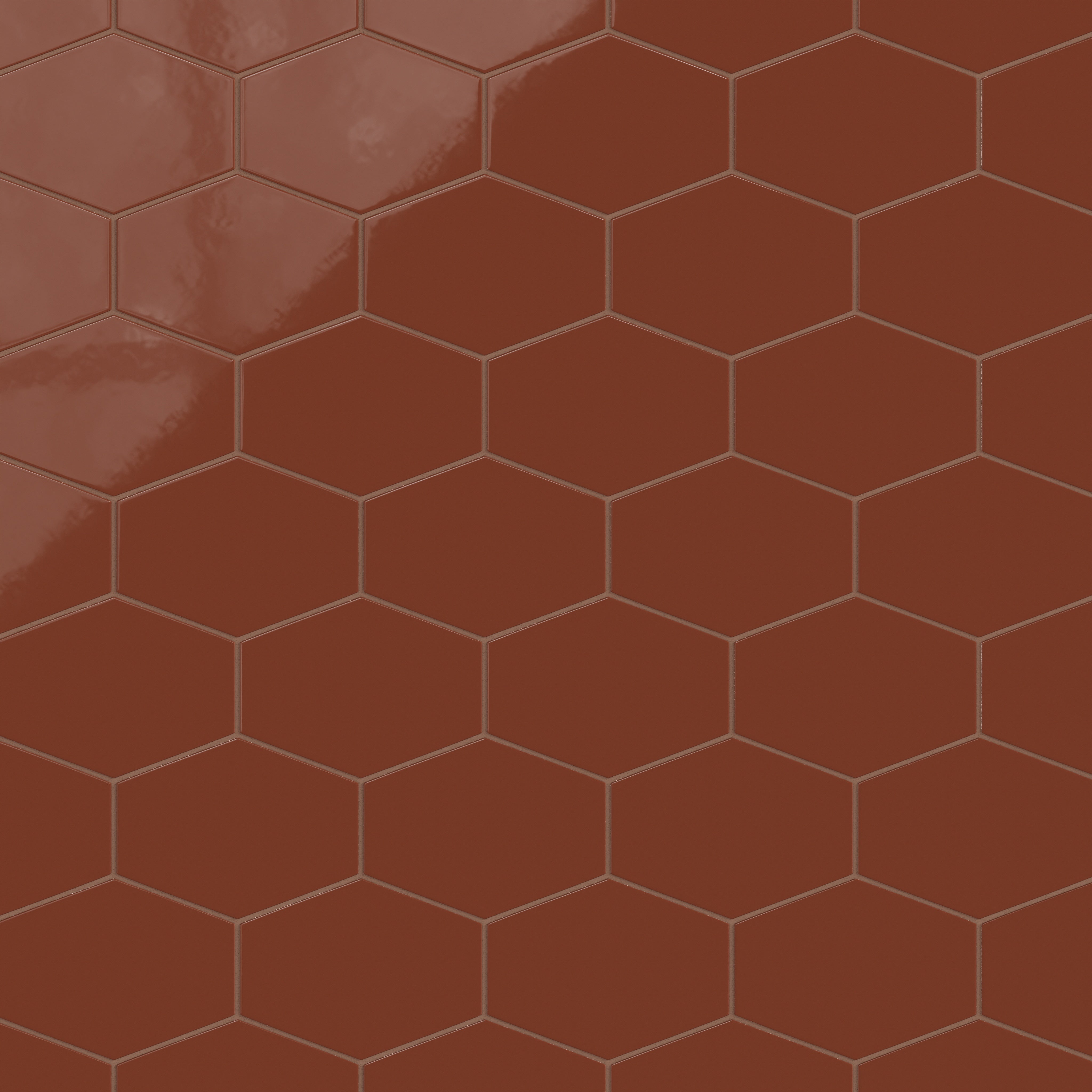 Elongated Hexagon Natural Press Ceramic Tile in Red Iron Oxide Gloss