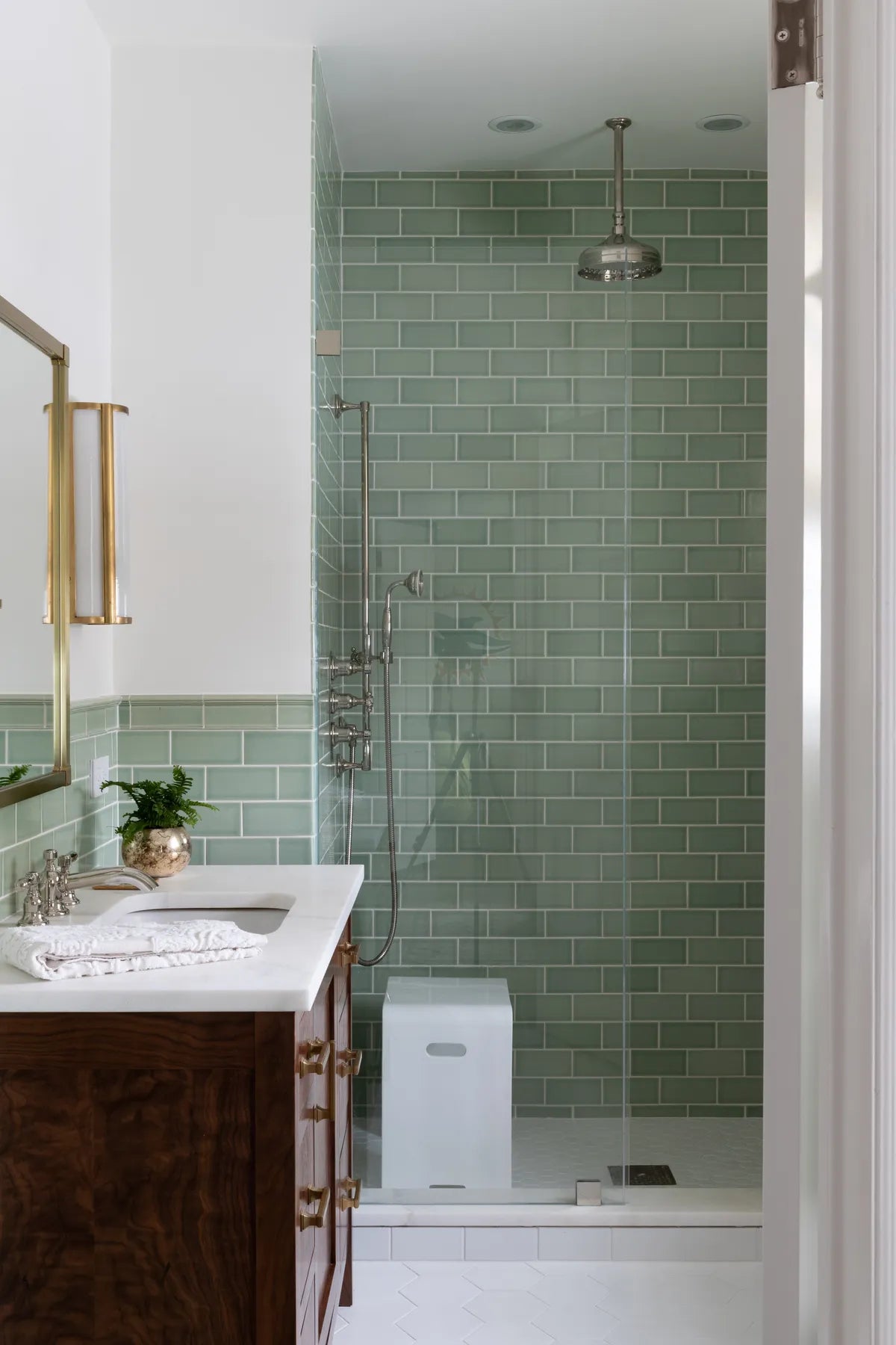 2020 Q2 Img Rights Residential Interior Blooms Design Co Photo Emily Kennedy Bathroom Walls Shower Tile Celadon Seedling 3X6 Trim Cori Molding Curb Calcite 3X6 Floor Tile 2 6 Hexagon Calcite Full Fc273625