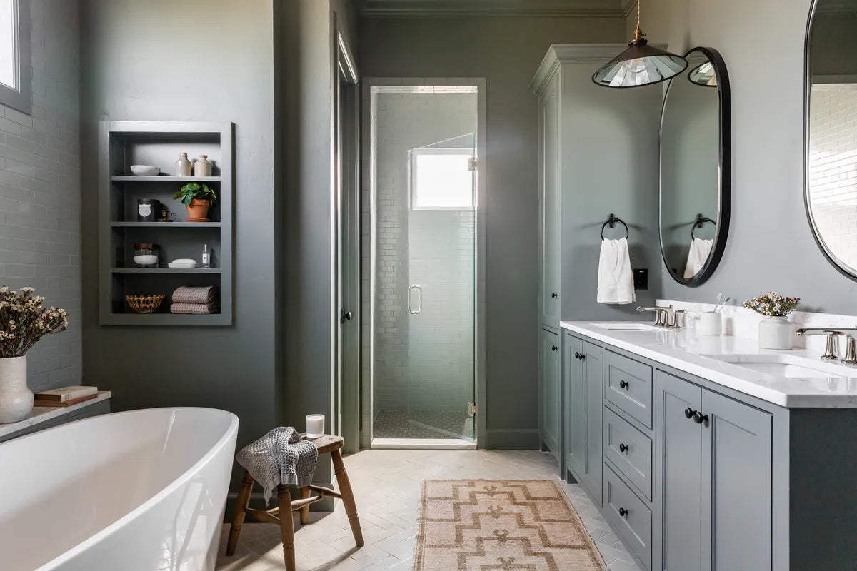 2020 Img Hi Res Full Rights Residential Influencer Designer High Street Homes Photo Jen Morley Burner Bathroom Tile Wall Tub Surround Driftwood 2X6 Offset Brick Floor Herringbone Shower Pan Hexagon 3 Iron Ore Full Fc329063