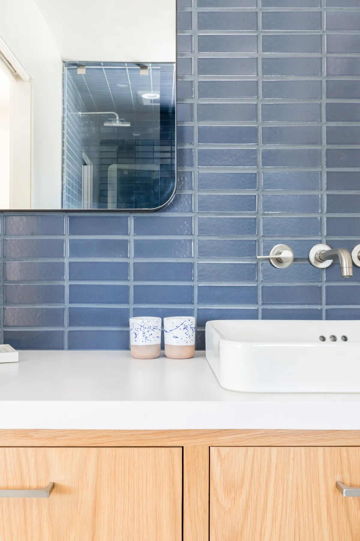 2020 Img Residential Hi Res Rights Abbie Naber Design Charlotte Lea Photo Bathroom Backsplash Shower Surround Niche Ceramic Slate Blue 2X6 Striaght Stack Glazed Edge Trim Shower Bench Pan Floor White Wash 2X6 Ceiling Fc336872 6