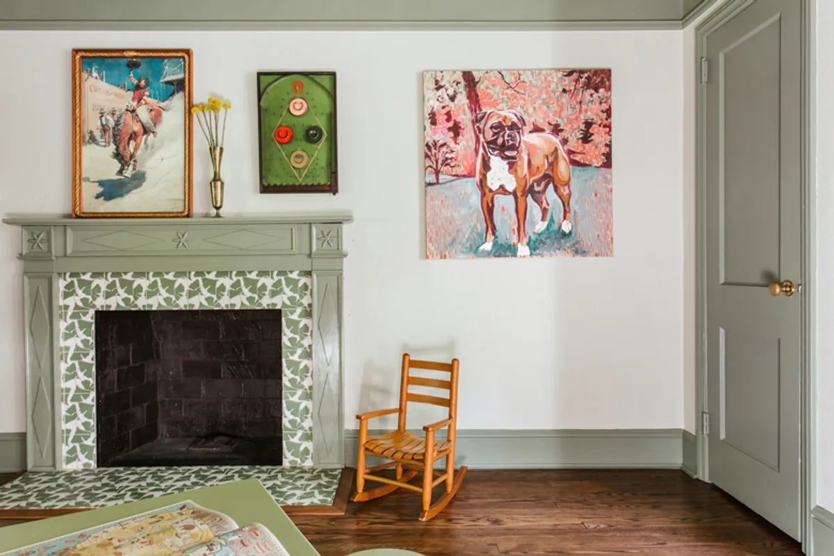 2021 IMG Hi Res WEB SOCIAL ONLY residential design the misfit house photo kristin karch fireplace handpainted ginkgo green motif FC354187 4