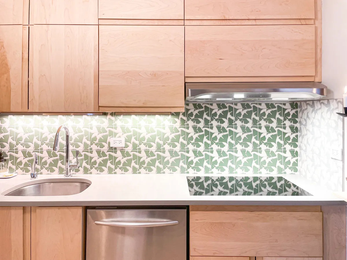 2021 img residential rights photo 57st Design kitchen backsplash handpainted tile sakura ginkgo green motif 2 FC376132