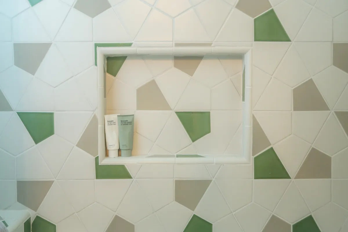 2021 img rights residential influencer partner darling magazine bathroom tile shower walls niche tile hexite halite eucalyptus kelp floor trim quarter round 1x6 cove base detail 3 FC373078