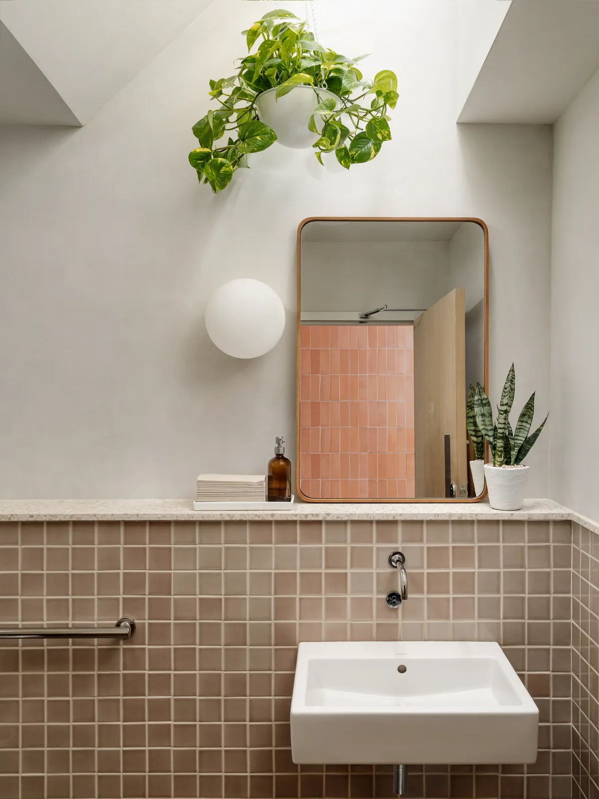 2022 IMG HI RES Commericial rights Design CHIOCO Design photo Chase daniel Paperboy restaurant bathroom wall wainscot 3x3 Sand dune FC 265918 1