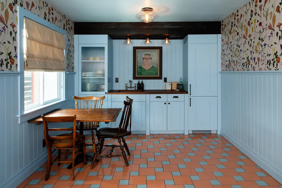 transitional cottage blue orange kitchen floor tile