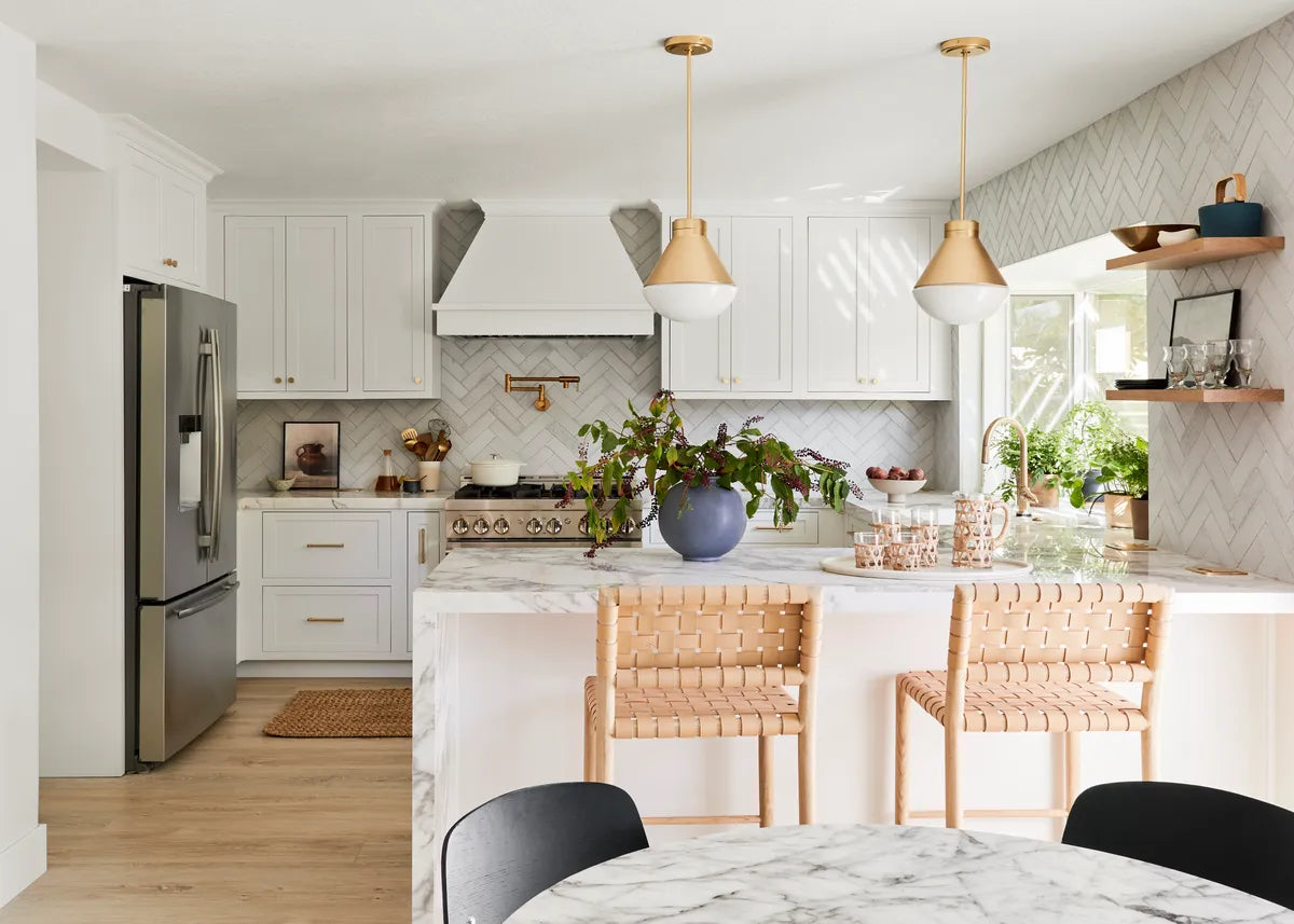 transitional white kitchen brick herringbone tile 2