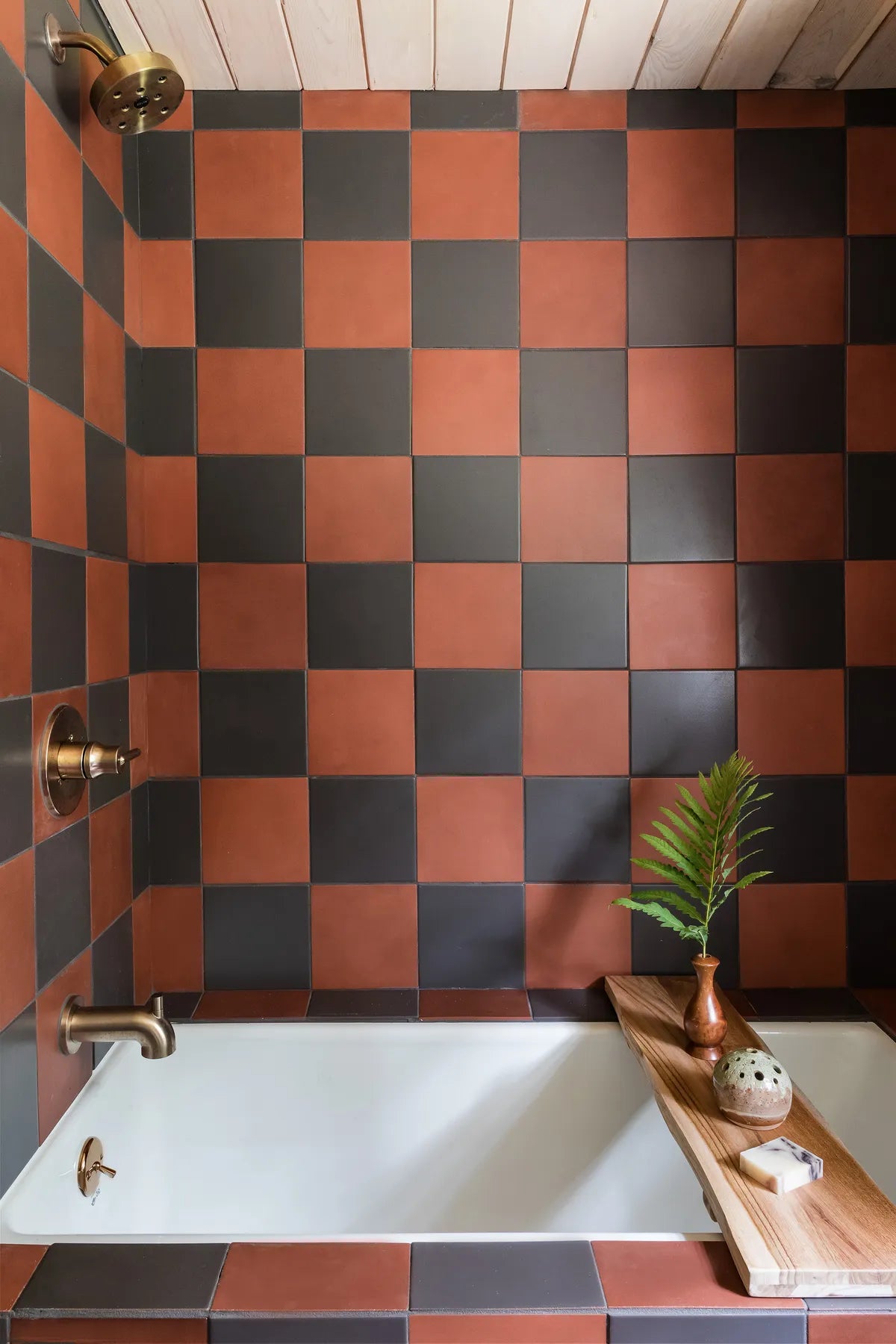 craftsman red black checkerboard tile bathroom 2