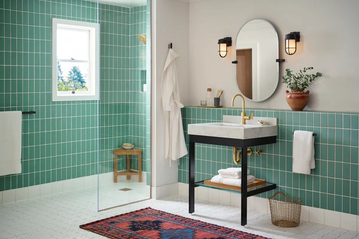 2022 img rights influencer brand rejuvenation set design bathroom shower backsplash walls 3x6 vertical straight set bullnose short long trim covebase 6x6 calcite floor mini star cross calcite FC467237